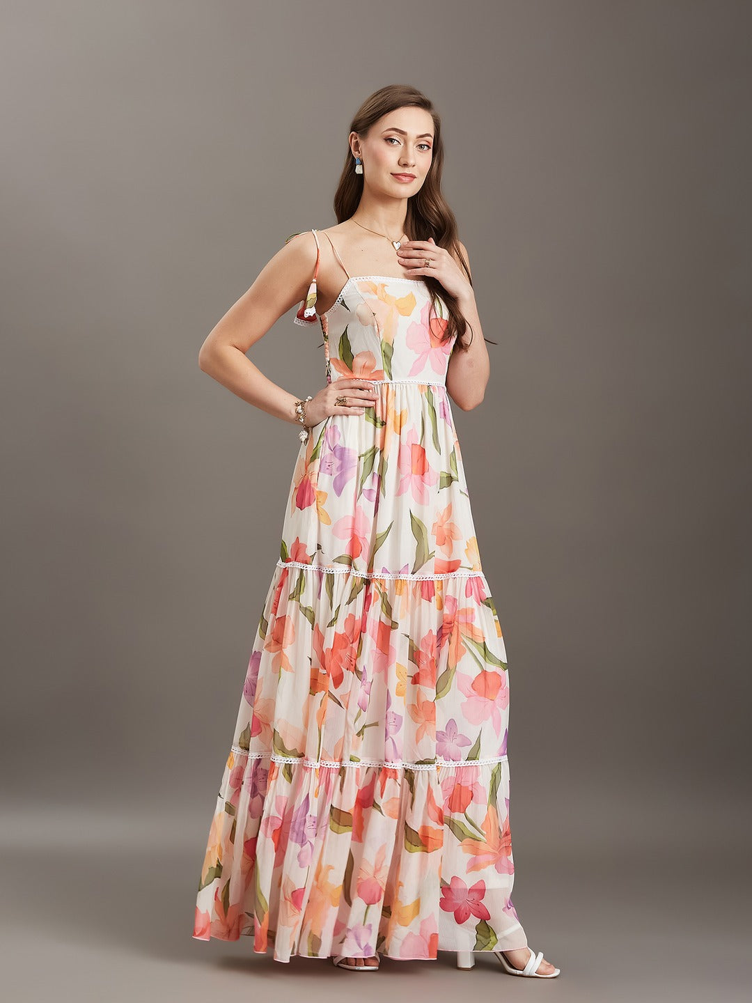 Green And Orange Shoulder Tie-Up Floral Tiered Maxi Chiffon Dress for Women