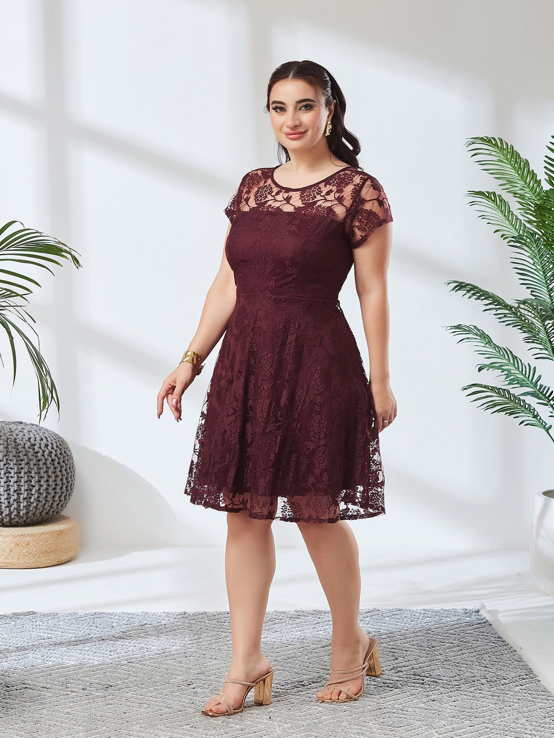Wine Round Neck Cap Sleeves Lace Knee-Long Skater Dress for Women