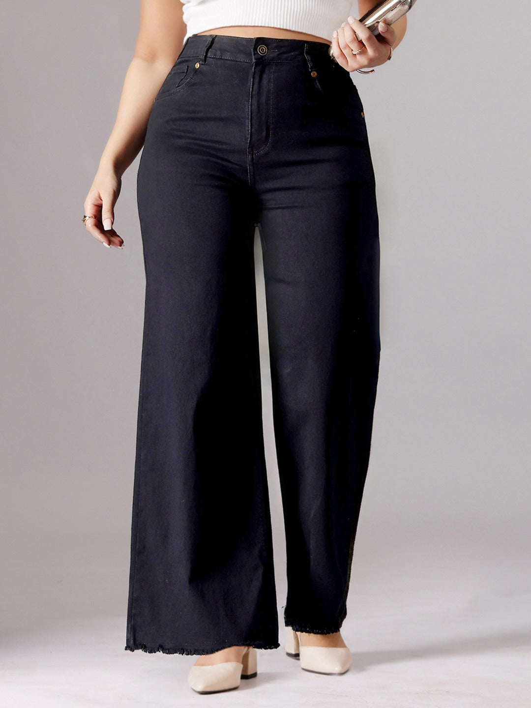 Black High Rise Stretchable Wide Leg Denim Jeans for Women