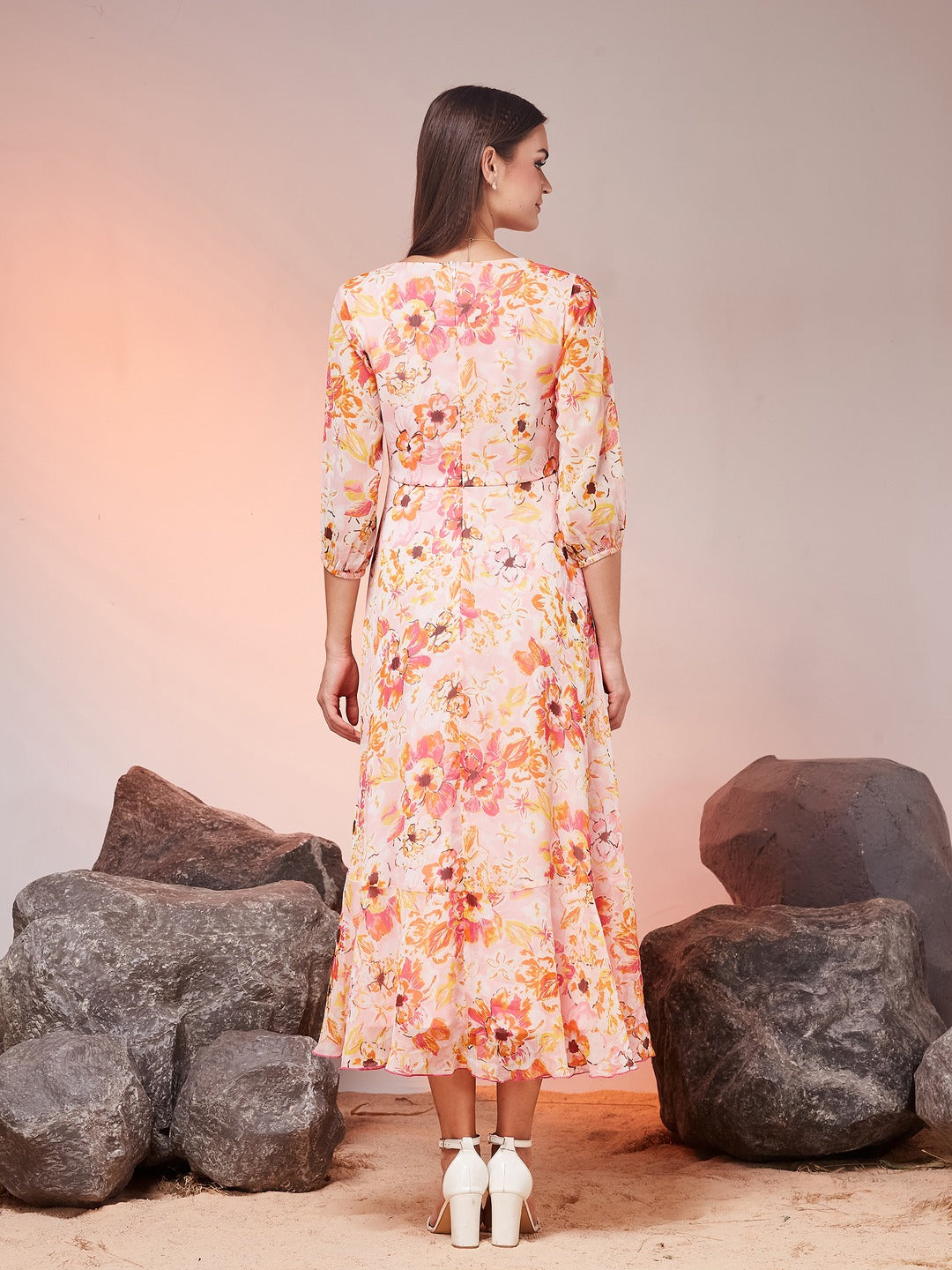 Pink & Orange V-Neck Bishop Floral Layered Chiffon Maxi Dress for Women