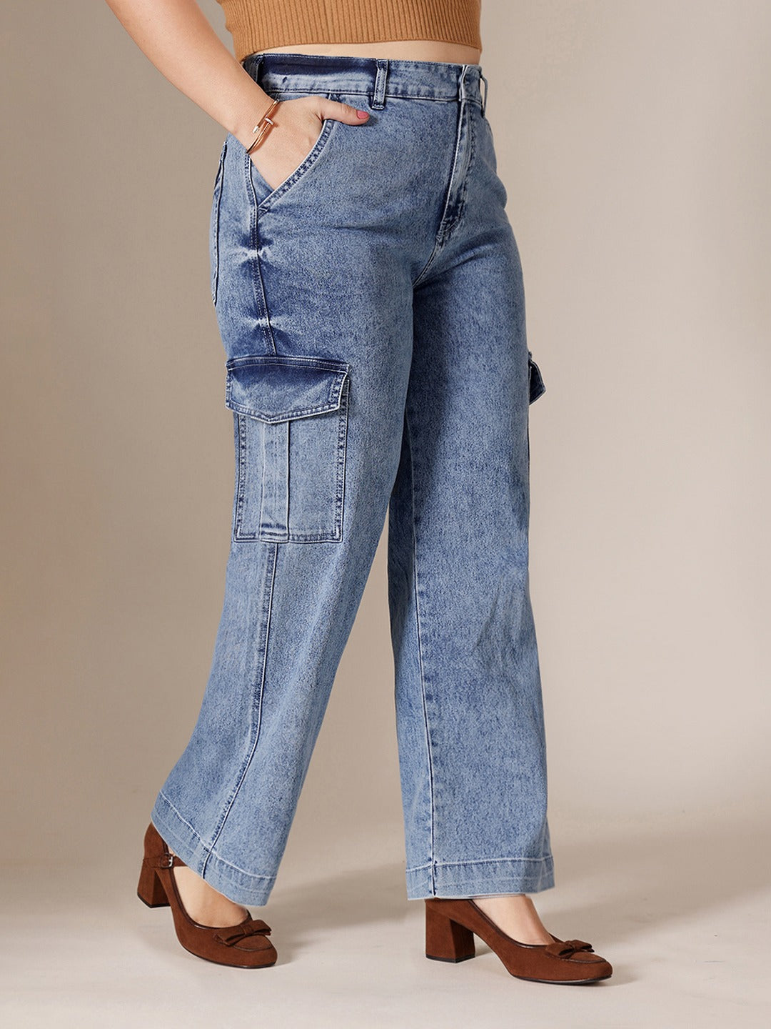 Light Blue Wide-Leg High-Rise Stretchable Flared Cargo Style Denim Jeans for Women
