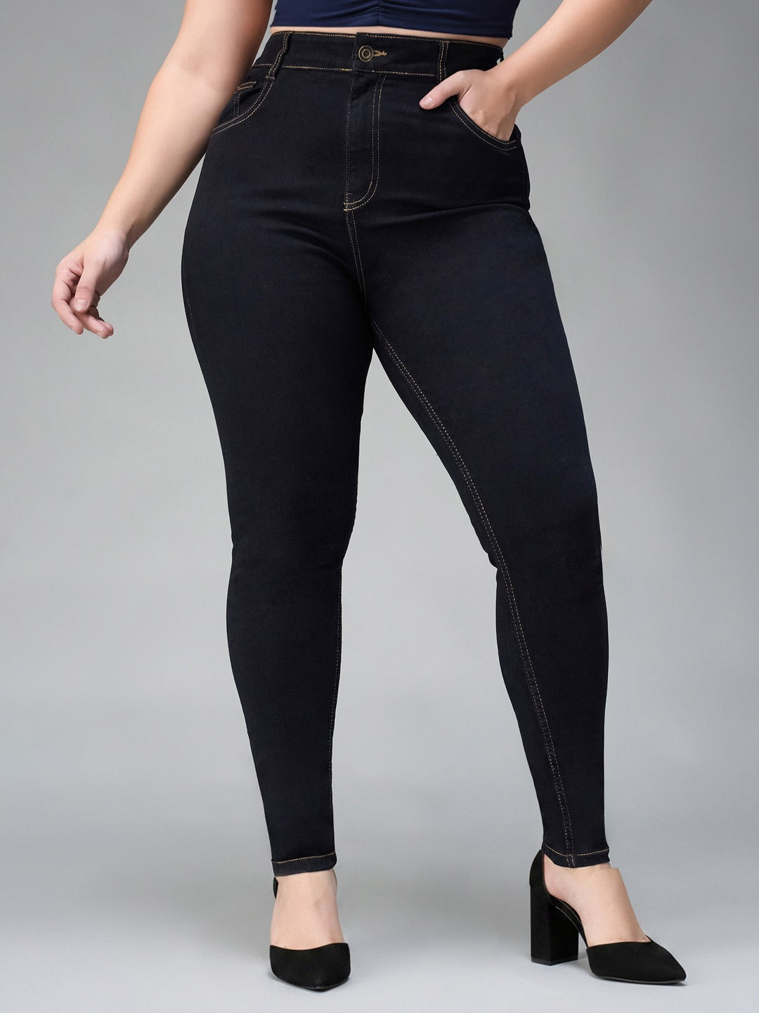 Black Skinny High Rise Regular Stretchable Denim Jeans for Women