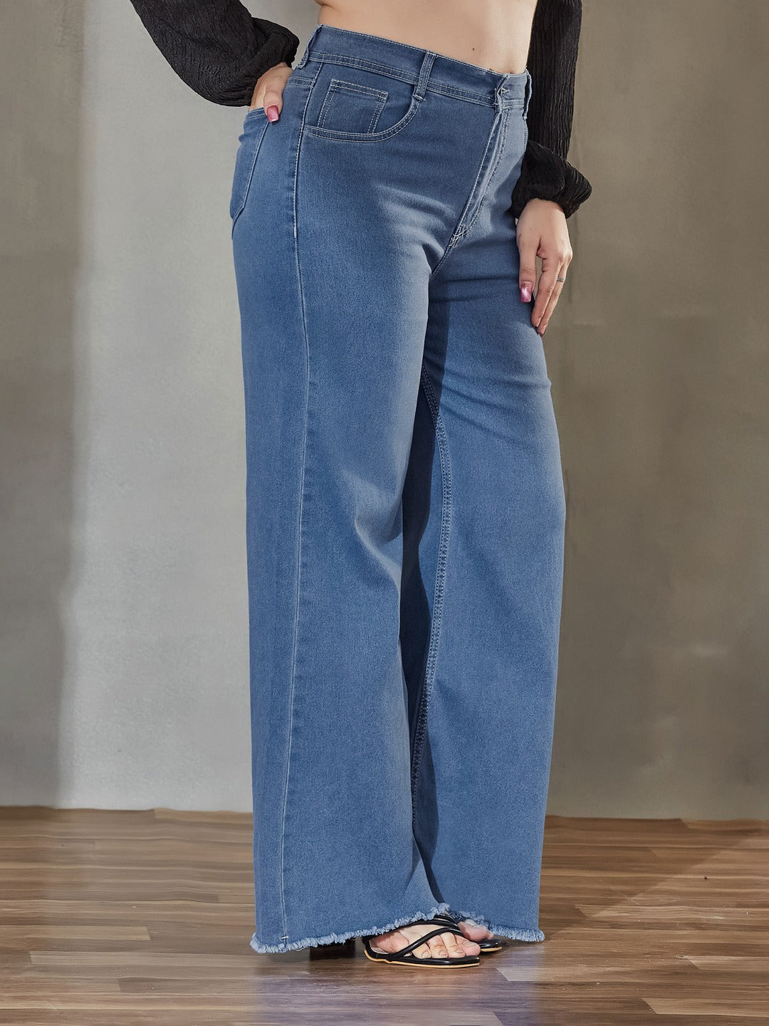 Blue Wide leg High rise Regular Stretchable Denim Jeans for Women