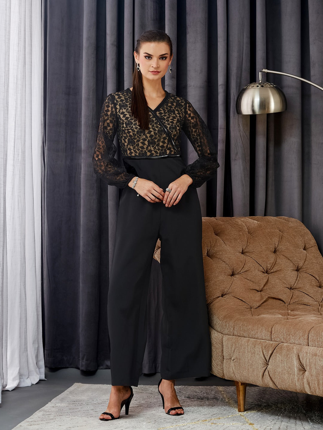 Black Self-Design Crepe V-Neck Jumpsuit with Balloon Sleeves and Lace Detailing for Women