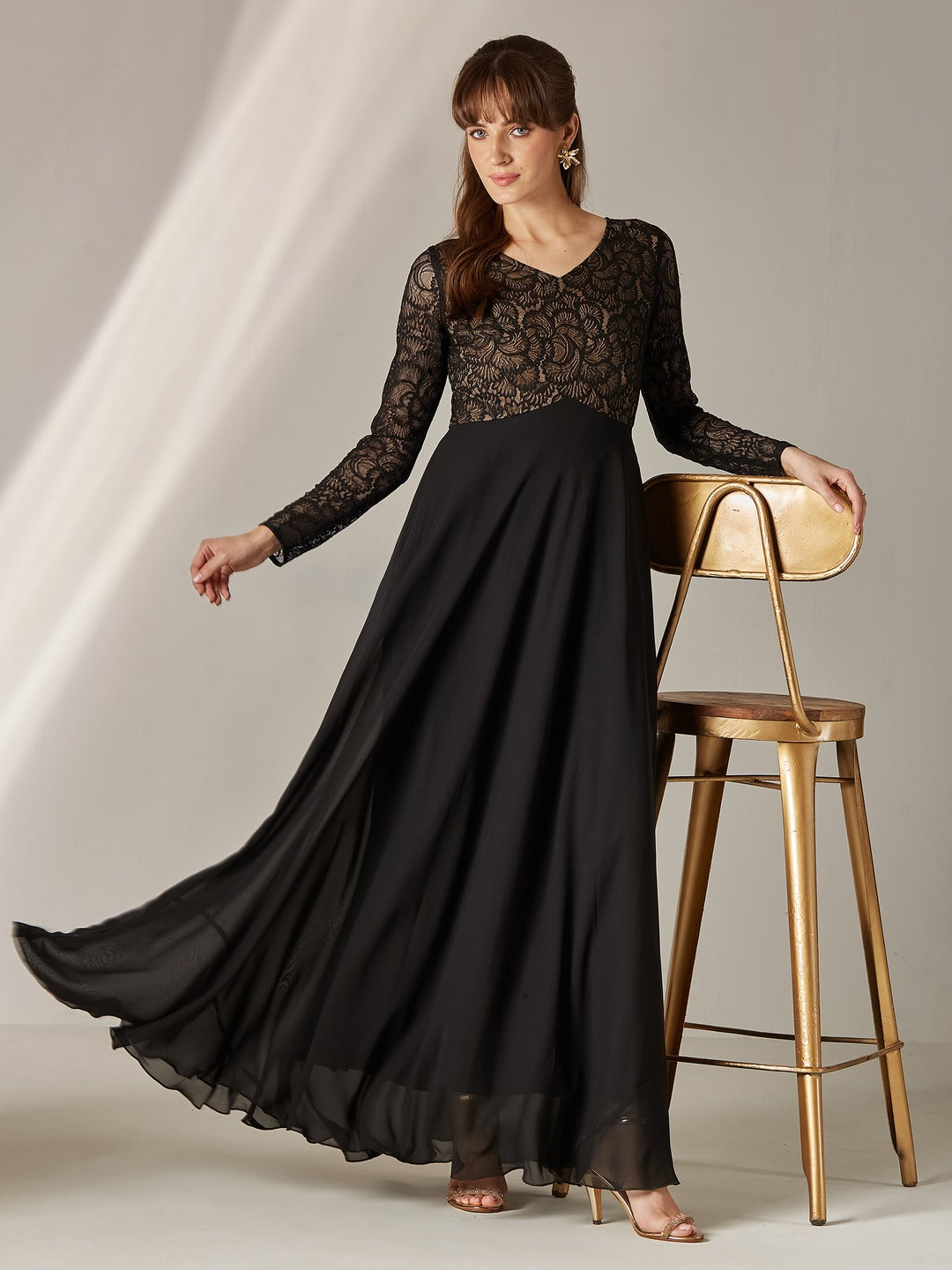 Black V-Neck Full Sleeve Self Design Lace-Overlaid Georgette Maxi Dress for Women