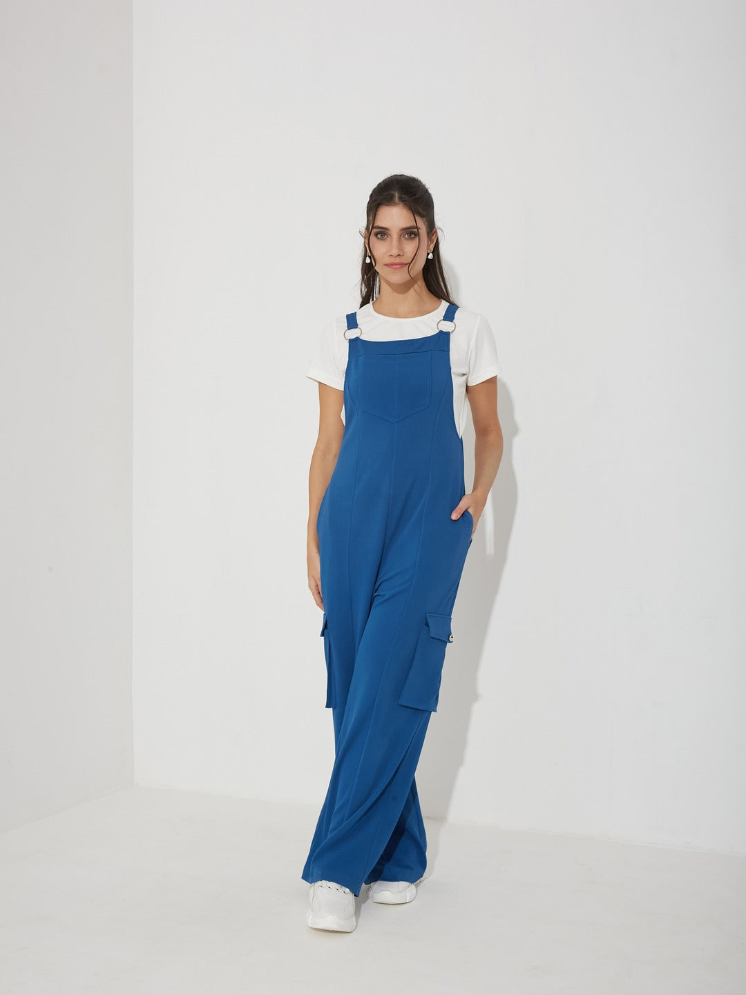 Azure Blue Round Neck Half Sleeve Solid Polyester Regular Fit Dungaree Co-Ord Set for Women