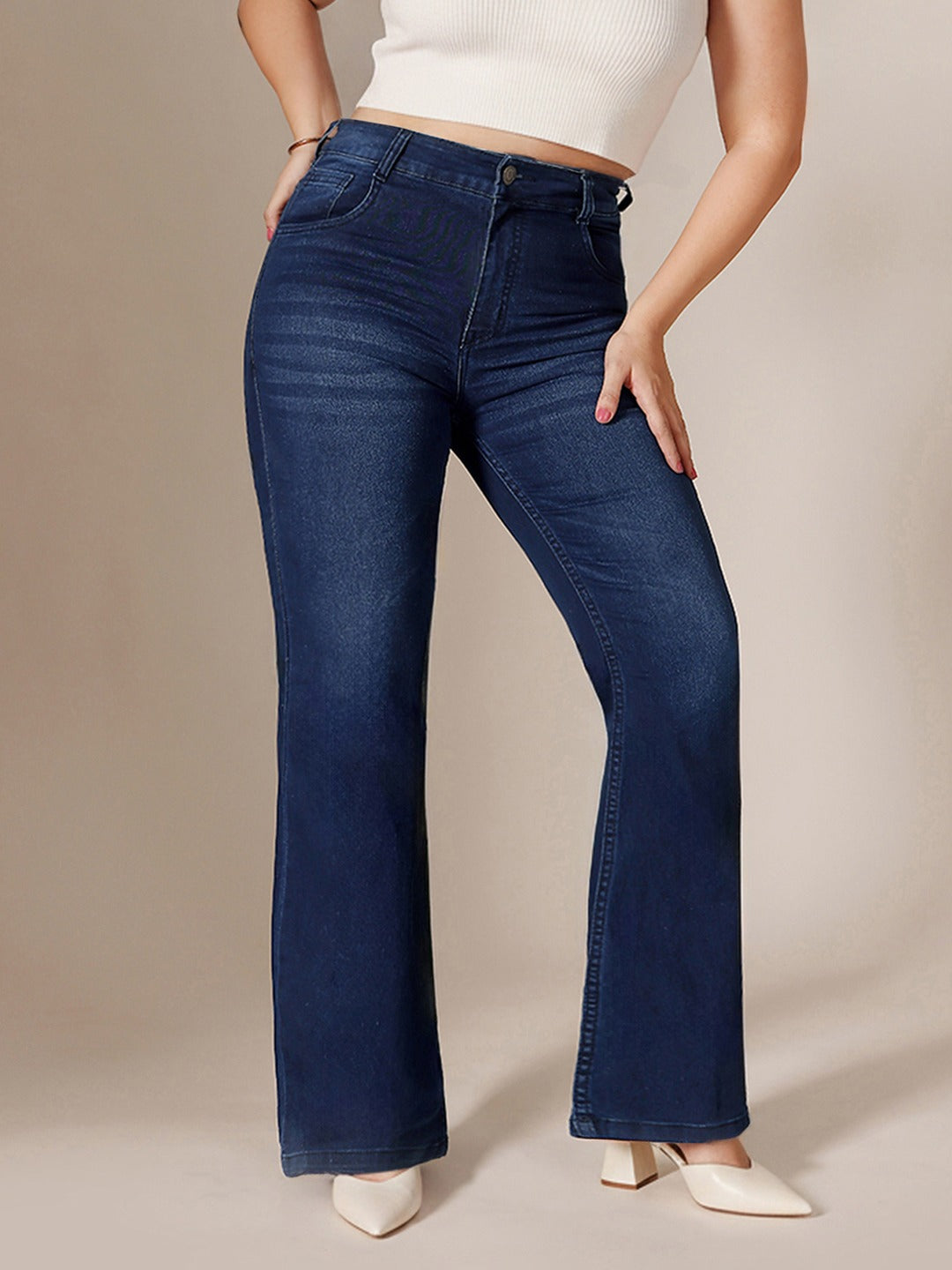Navy blue Wide leg Mid rise Regular Stretchable Denim Jeans for Women