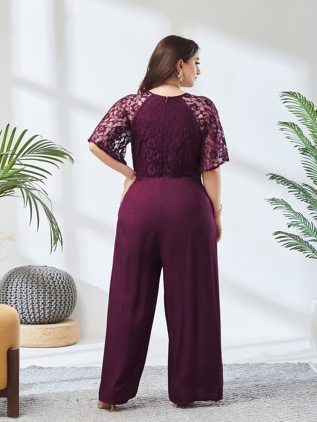 Wine Round Neck Flared Sleeve Floral Raglan Regular Jumpsuit for Women