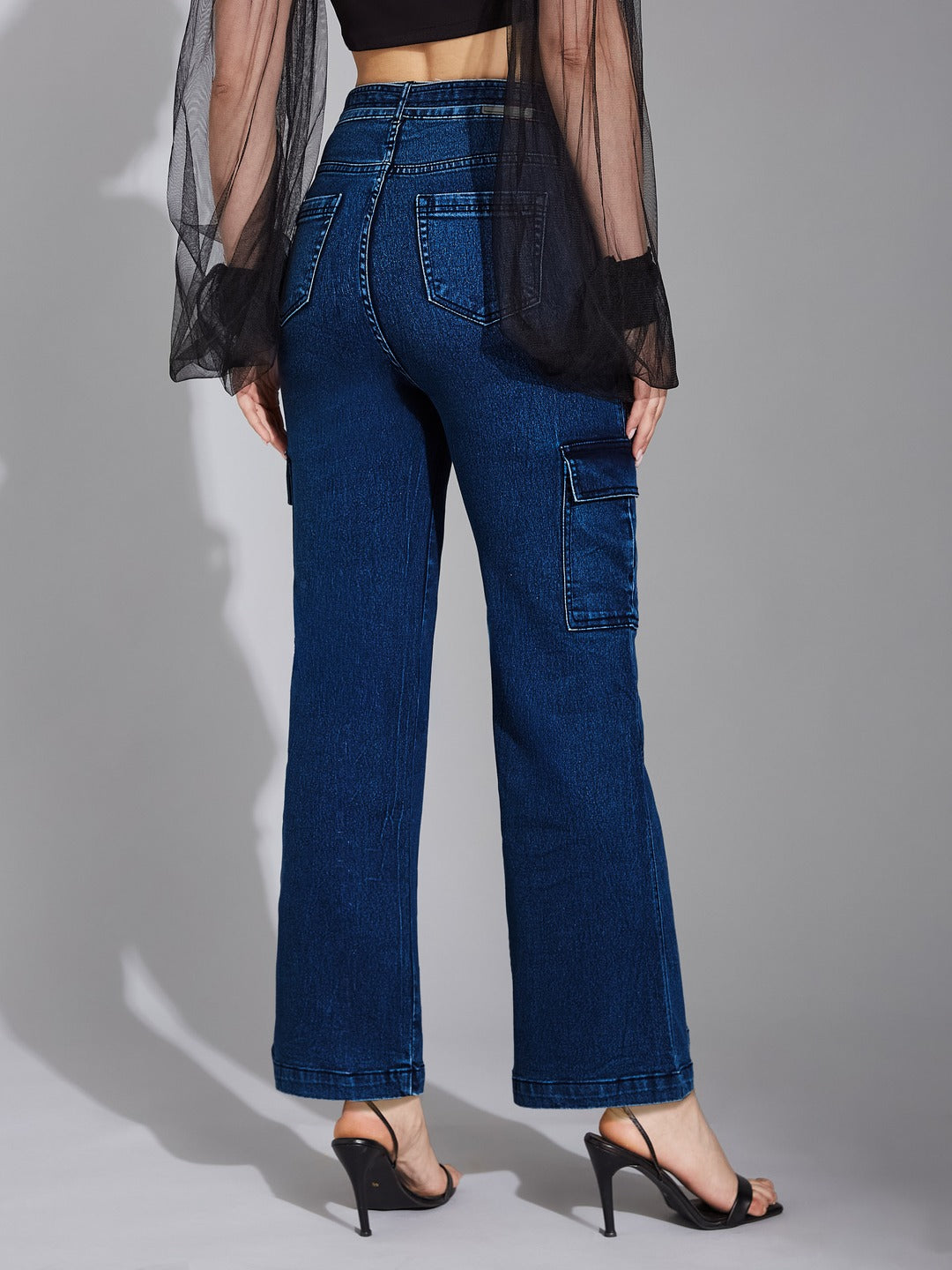Blue Wide-Leg High-Rise Stretchable Corgo Denim Jeans for Women