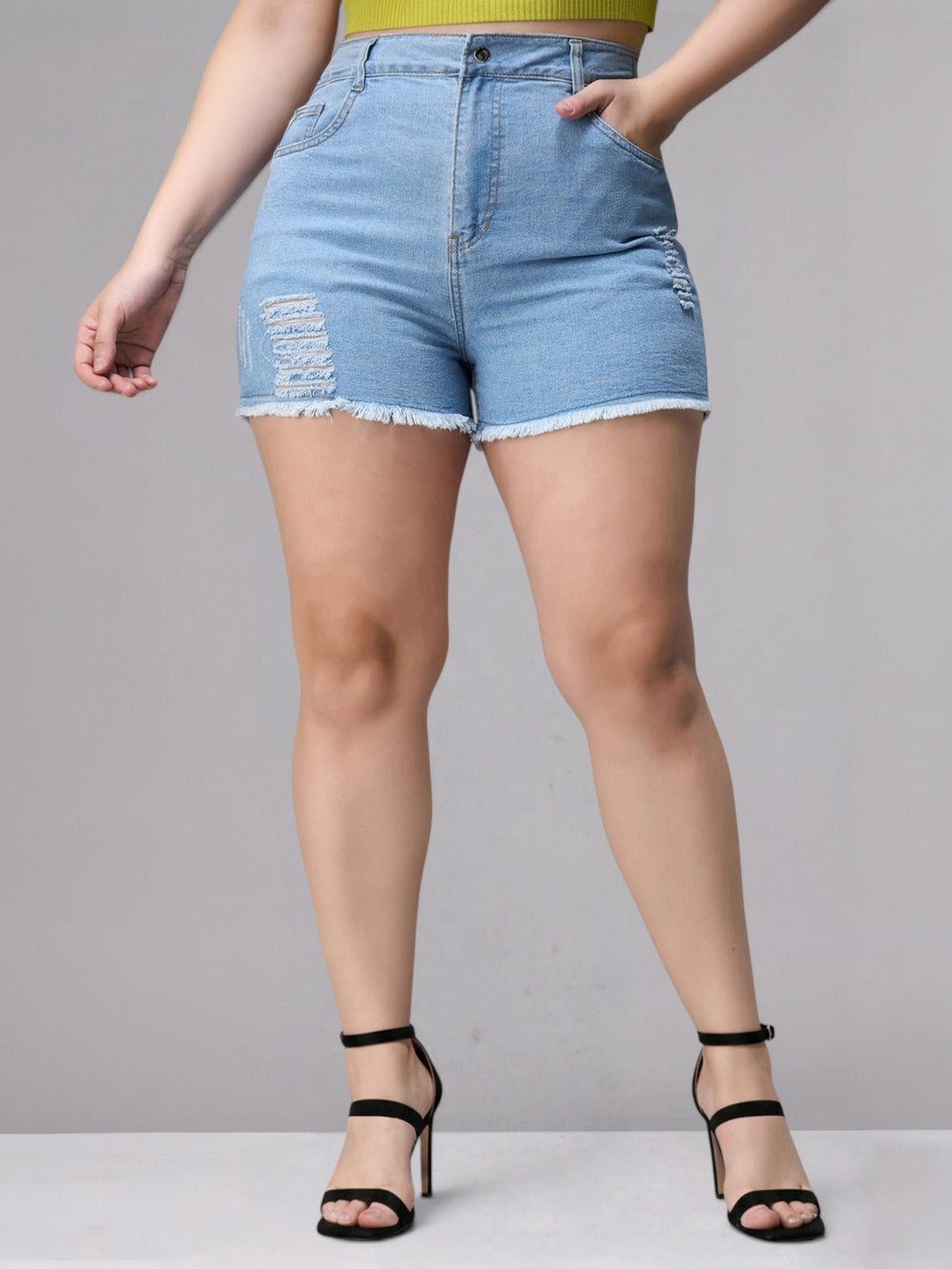 Blue Relaxed Mid Rise High Distress Regular Non Stretchable Denim Shorts for Women