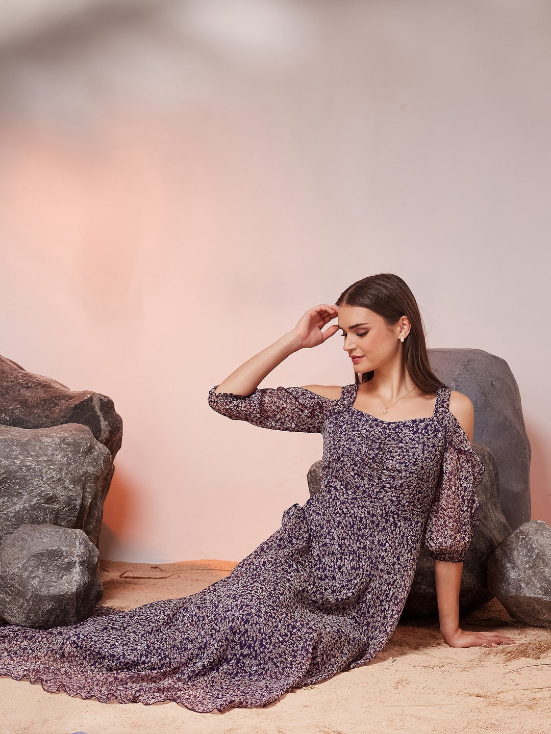 Purple Sweetheart Cold Shoulder Floral Ruched Chiffon Maxi Dress for Women