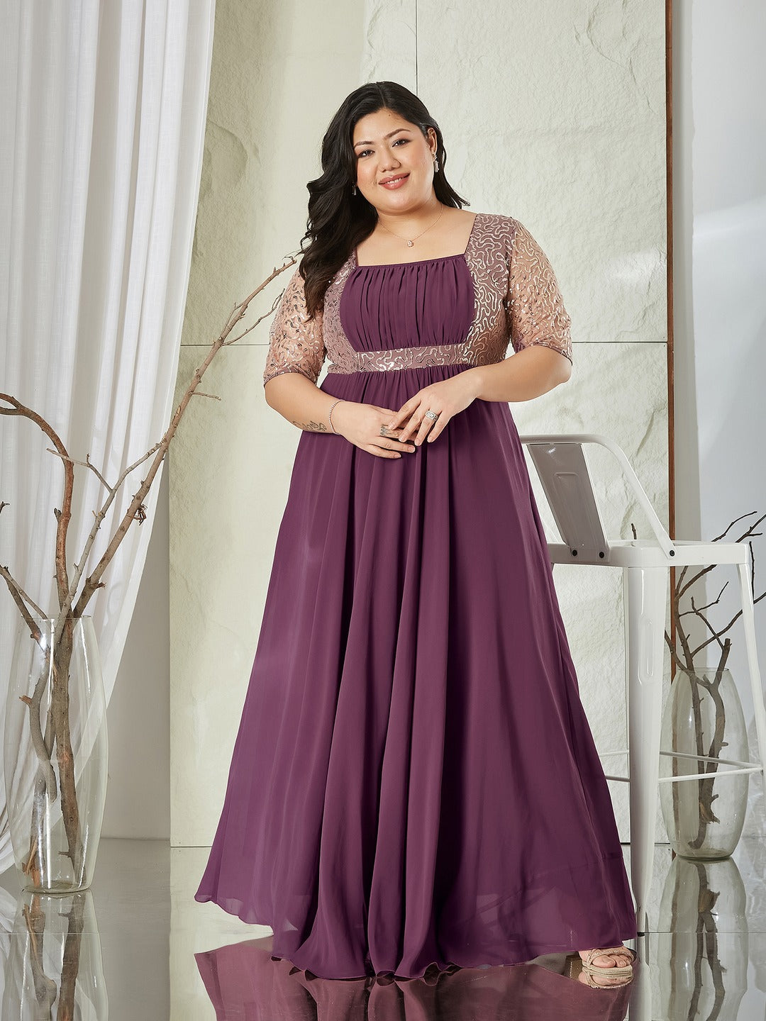 Mauve Square Neck Half Sleeve Solid Embellished Georgette Maxi Dress for Women