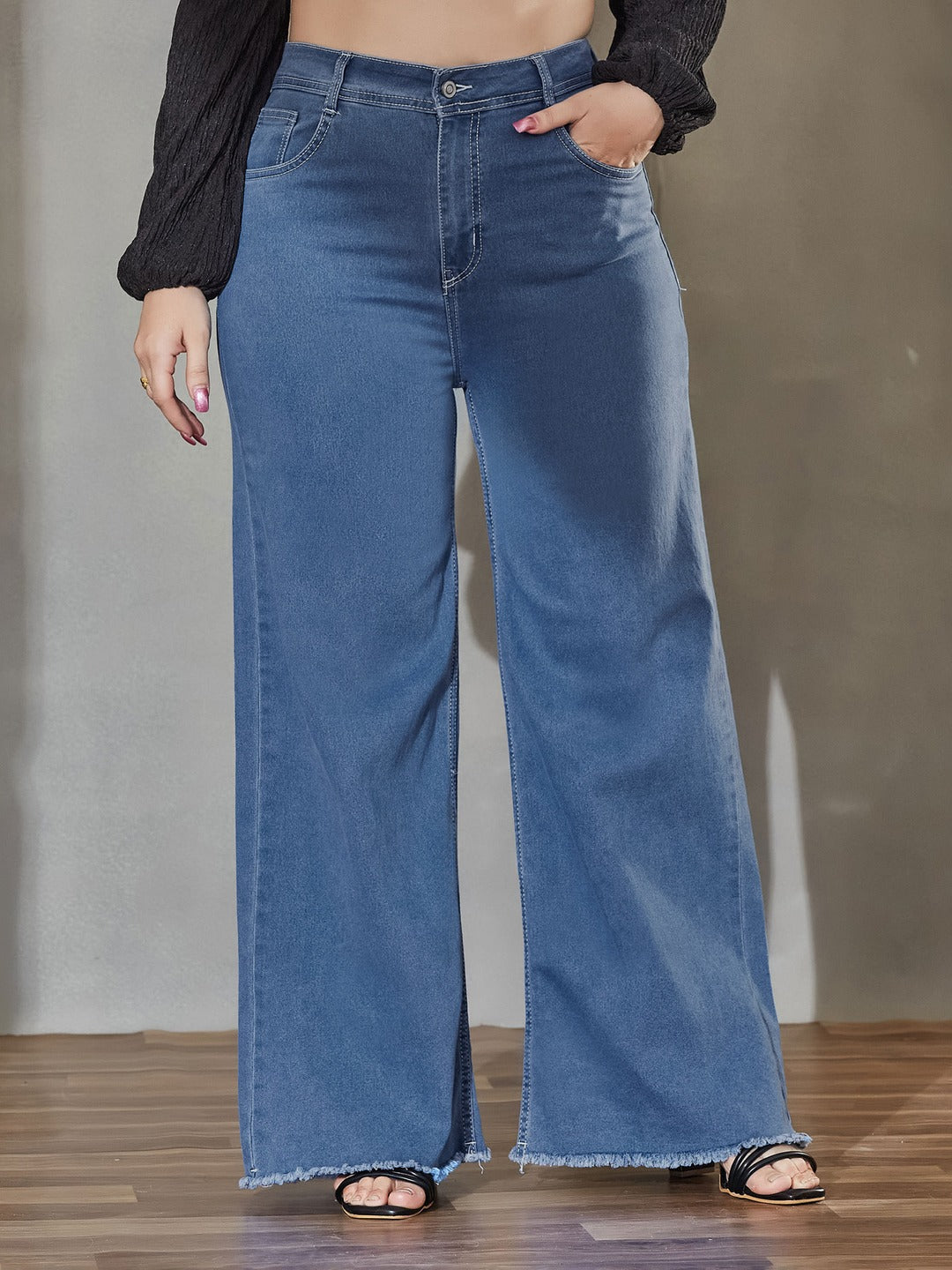 Blue Wide leg High rise Regular Stretchable Denim Jeans for Women