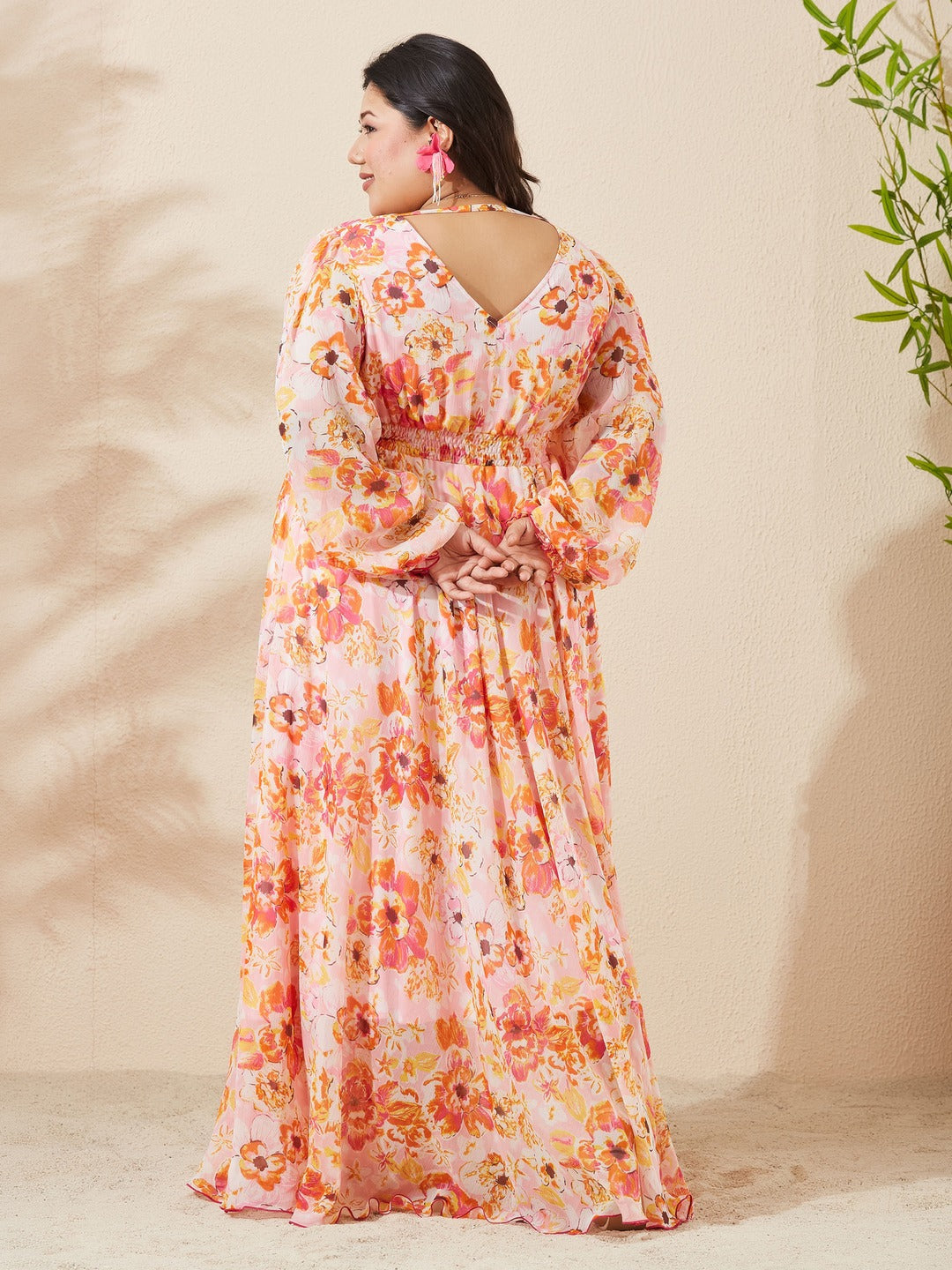 Pink & Orange Floral V-Neck Smocked Bishop Sleeve Maxi Chiffon Dress for Women