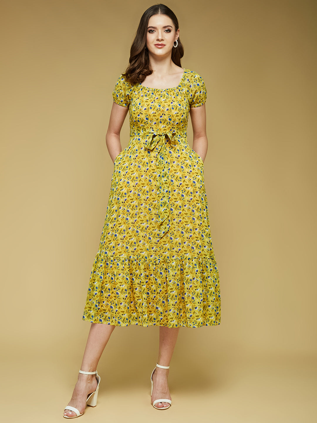 Yellow Square Neck Short Puff Sleeve Floral Tiered Georgette Midi Dress for Women