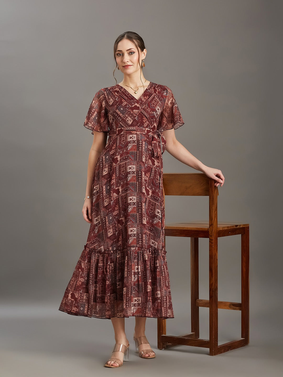 Brown Floral V-Neck Flared Sleeve Wrap Maxi Chiffon Dress for Women