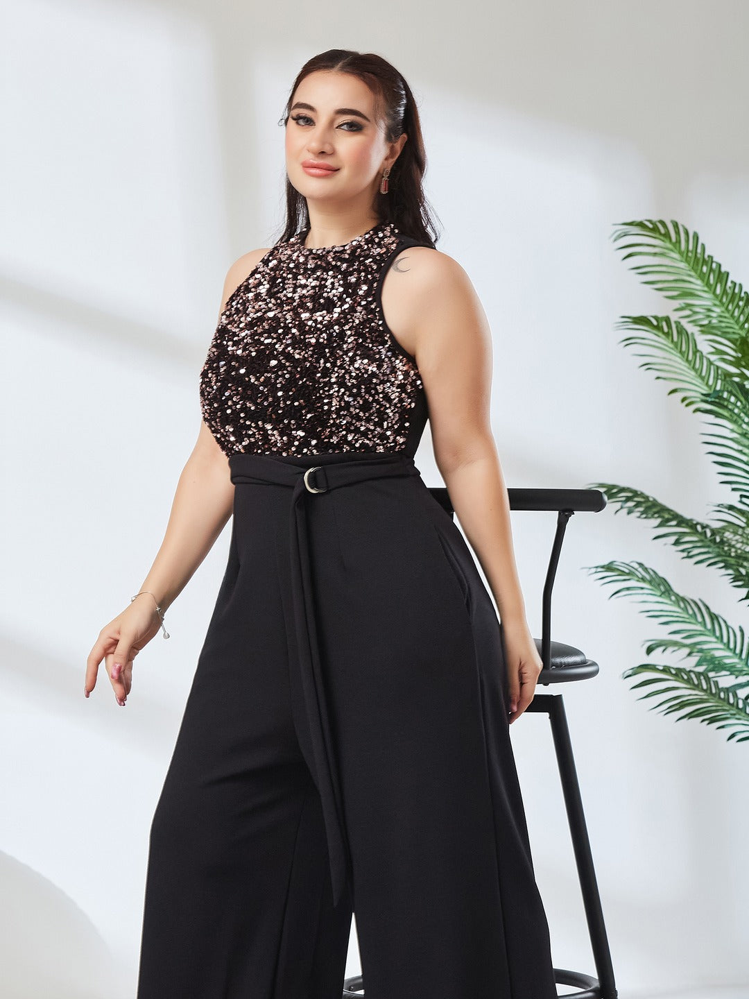 Black & Lavender Embellished Regular Jumpsuit for Women