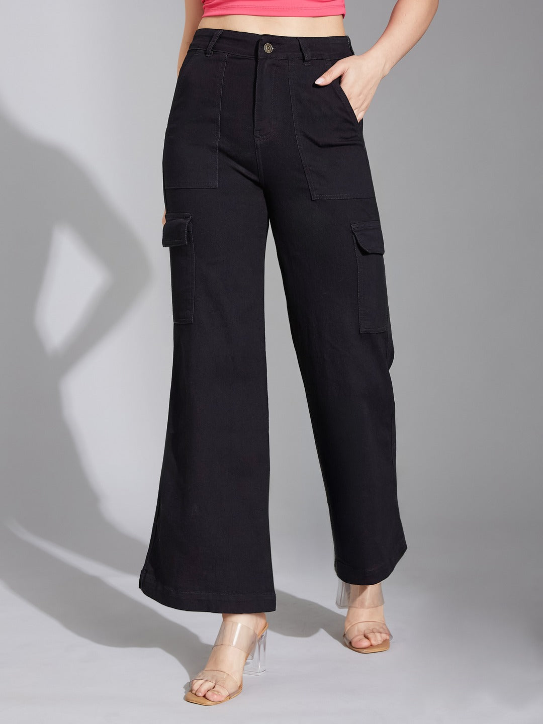 Black Wide-Leg High-Rise Stretchable Denim Cargo Jeans for Women