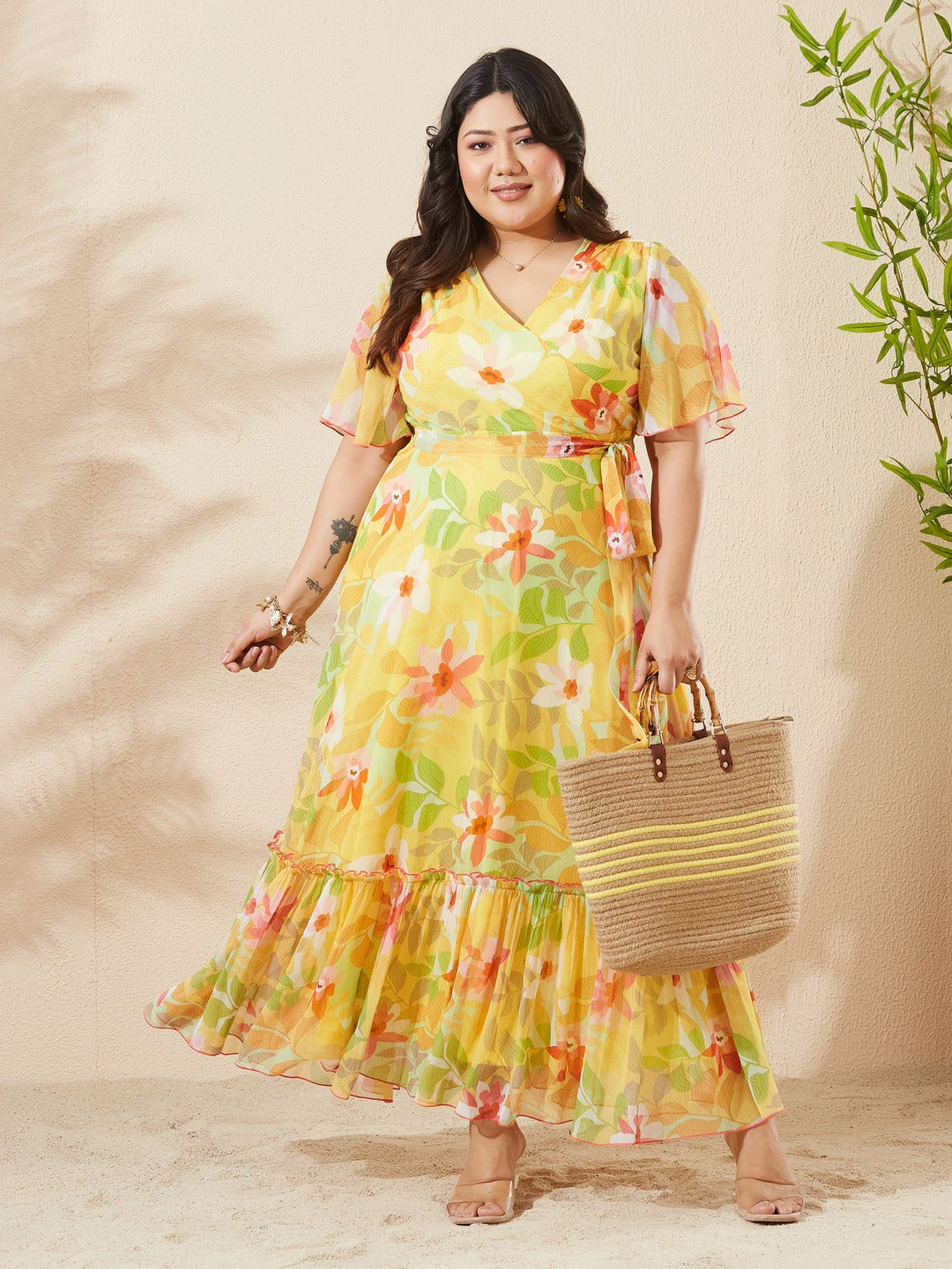 Butter Yellow Floral V-Neck Flutter Sleeve Bohemian Wrap Chiffon Maxi Dress for Women