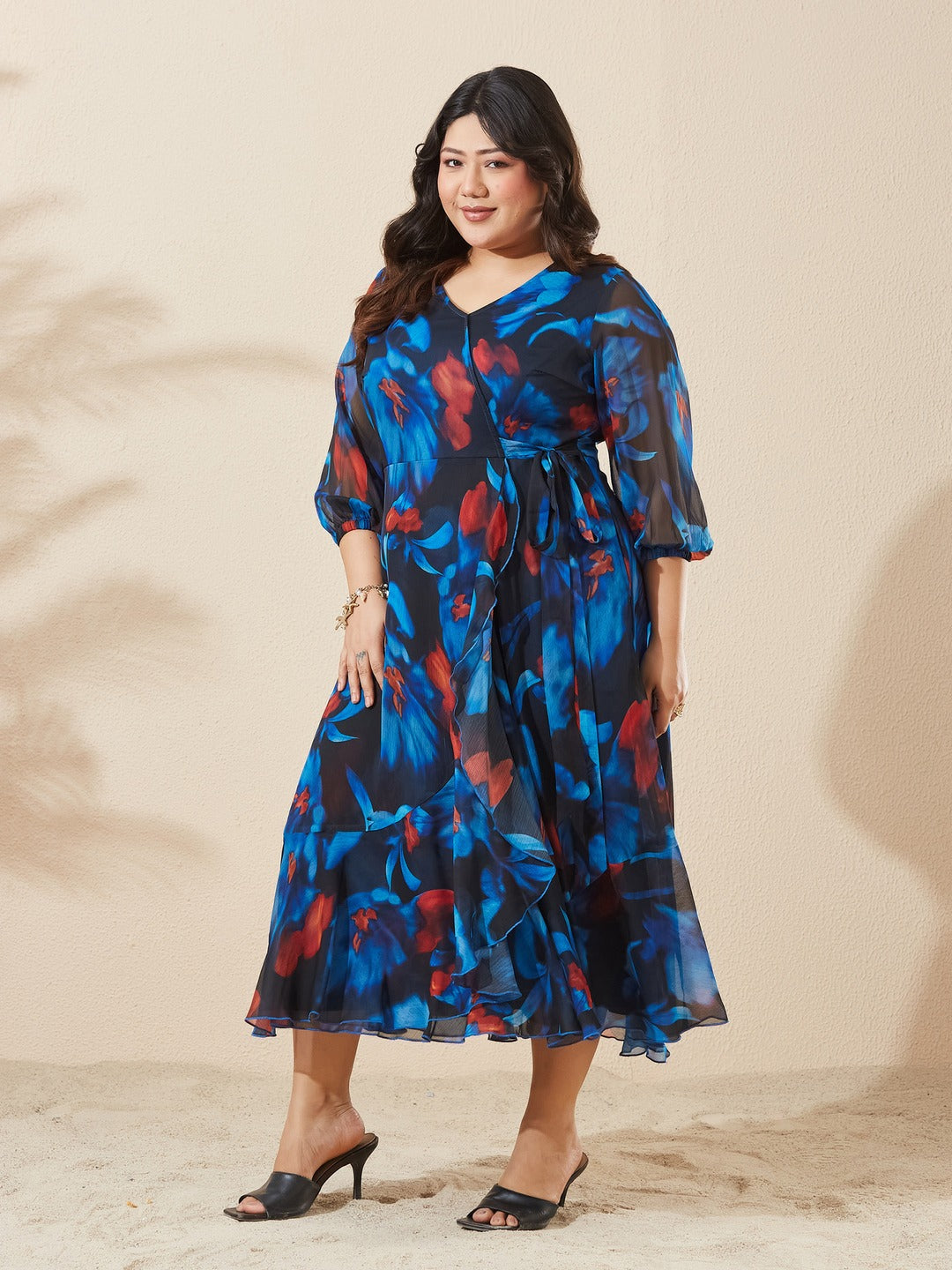 Black Floral V-Neck 3/4 Sleeve Wrap Chiffon Midi Dress for Women