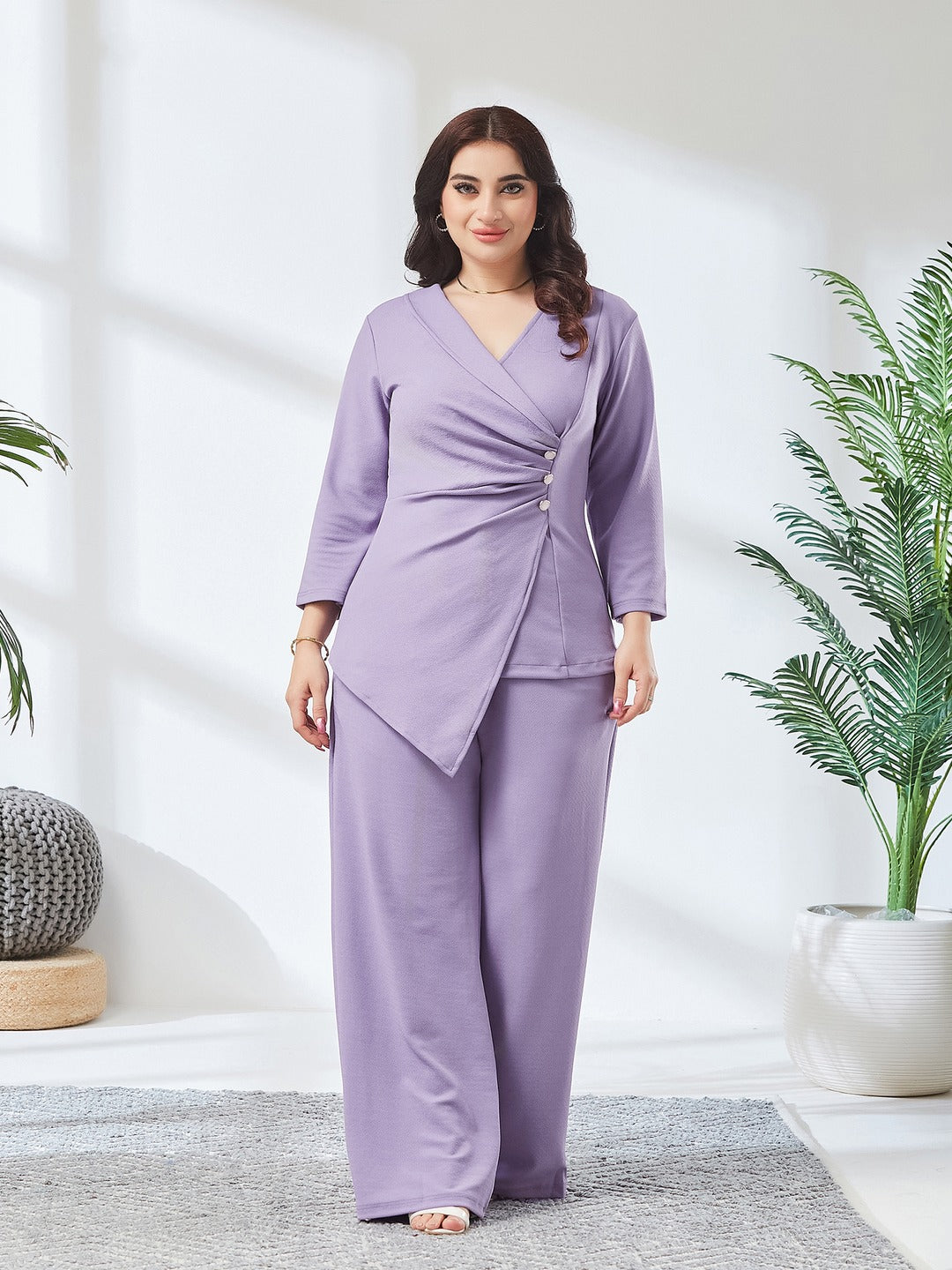 Light Lavender Asymmetric Shawl Collar 3/4 Sleeve Solid Pleated Regular Co Ord Set for Women