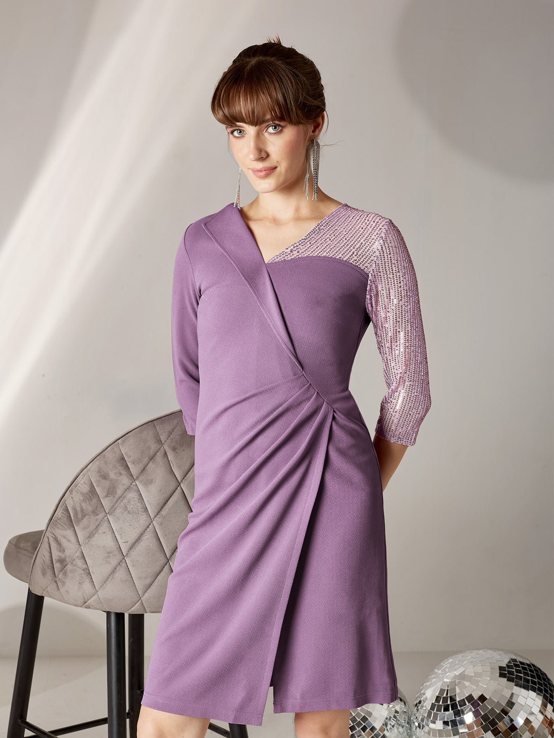 Lavender V-Neck 3/4 Sleeve Embellished Asymmetric Polyester Knee-Long Dress for Women