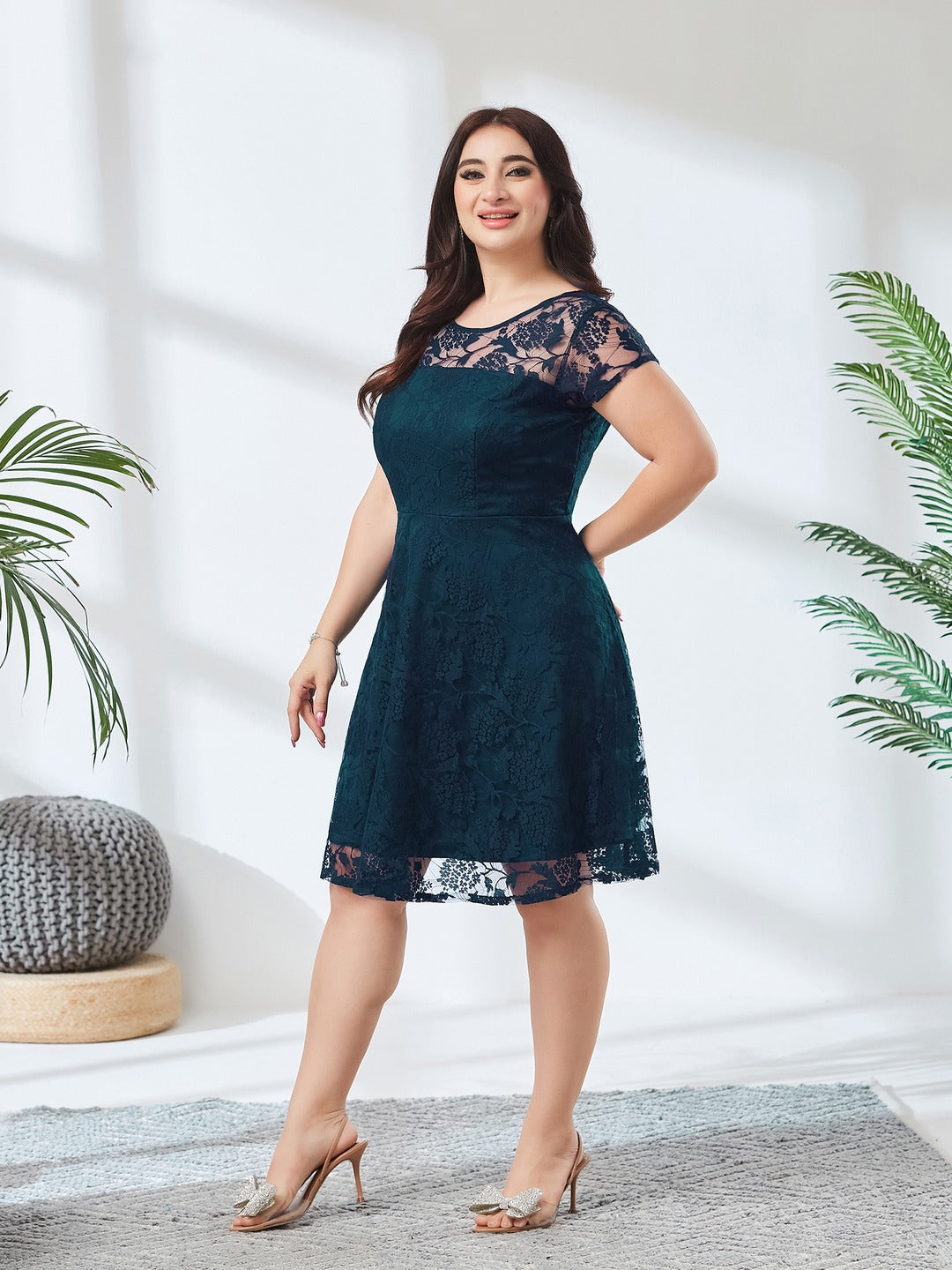 Teal Round Neck Cap Sleeve Self-Designed Skater Mini Dress for Women