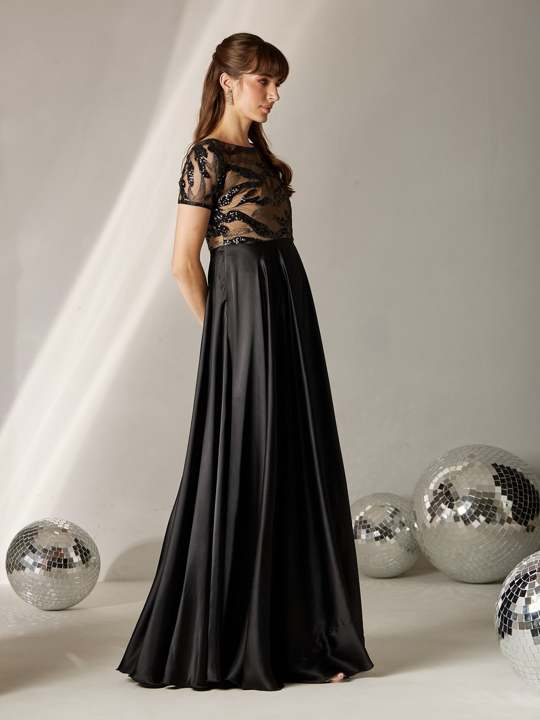 Black Boat-Neck Short-Sleeve Abstract Fit & Flare Satin Maxi Dress for Women
