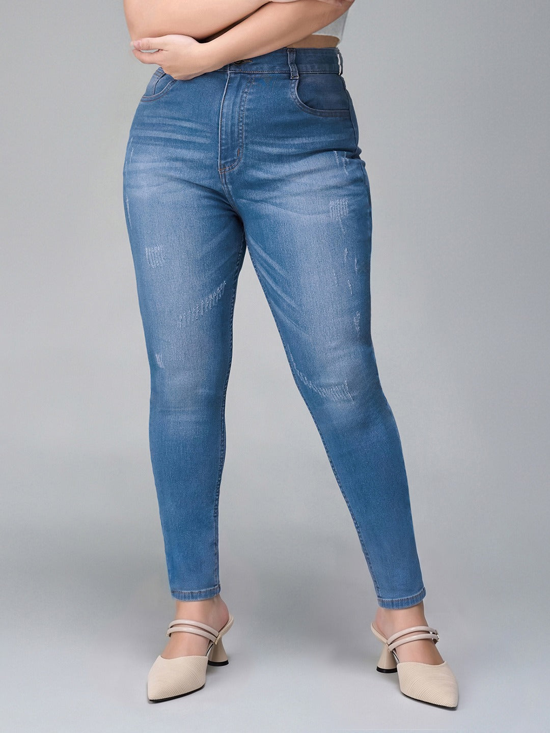 Blue Skinny High Rise Mild Distress Regular Stretchable Denim Jeans for Women