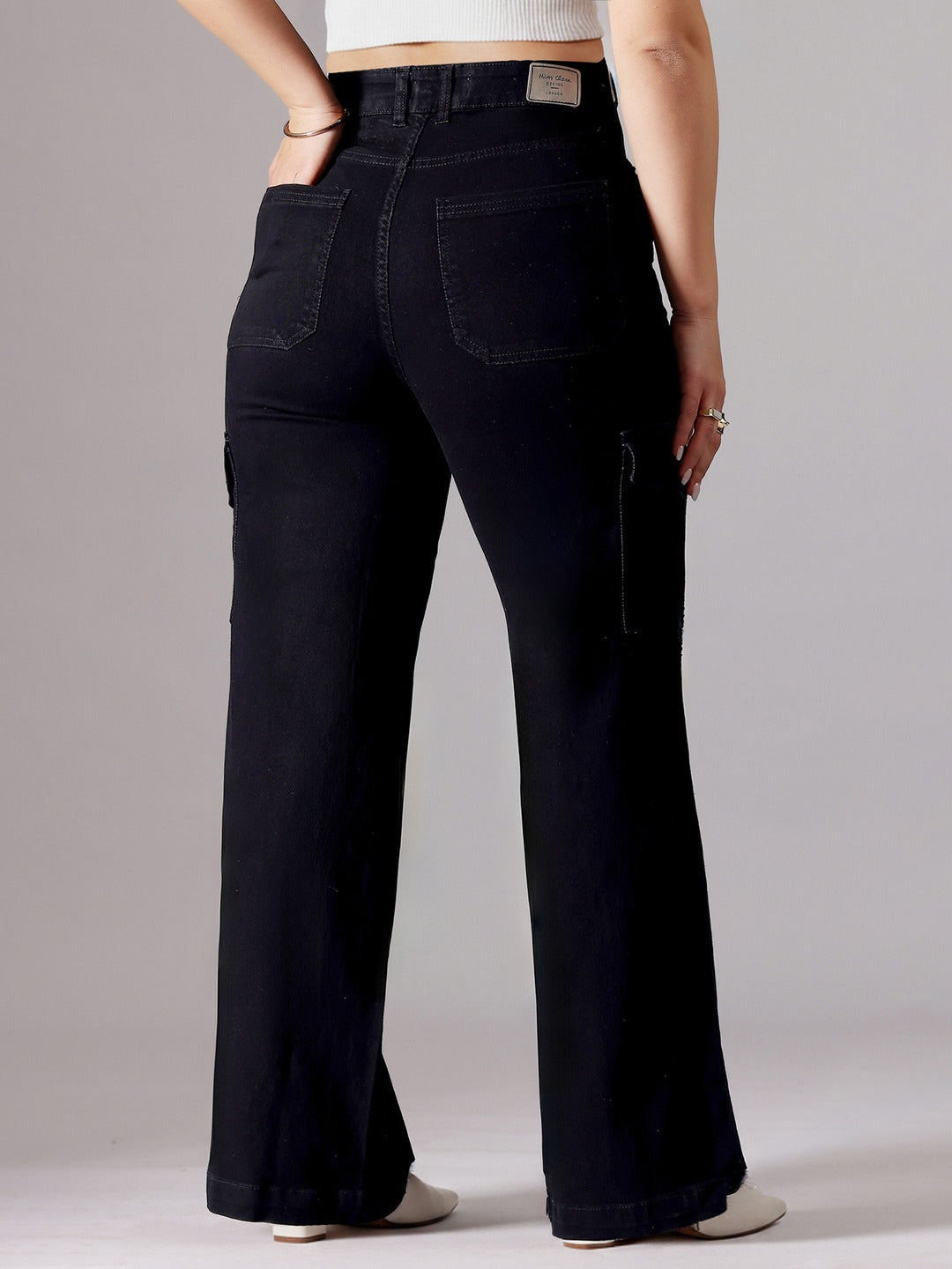 Black Wide-Leg High-Rise Stretchable Denim Jeans for Women