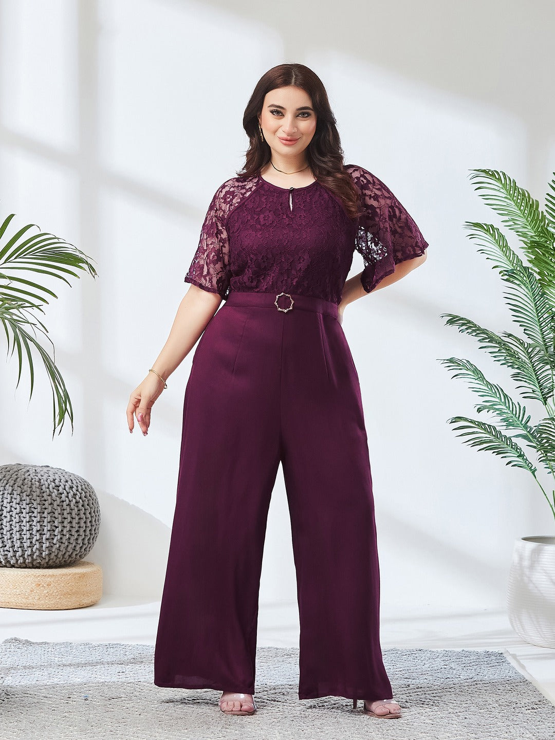 Wine Round Neck Flared Sleeve Floral Raglan Regular Jumpsuit for Women