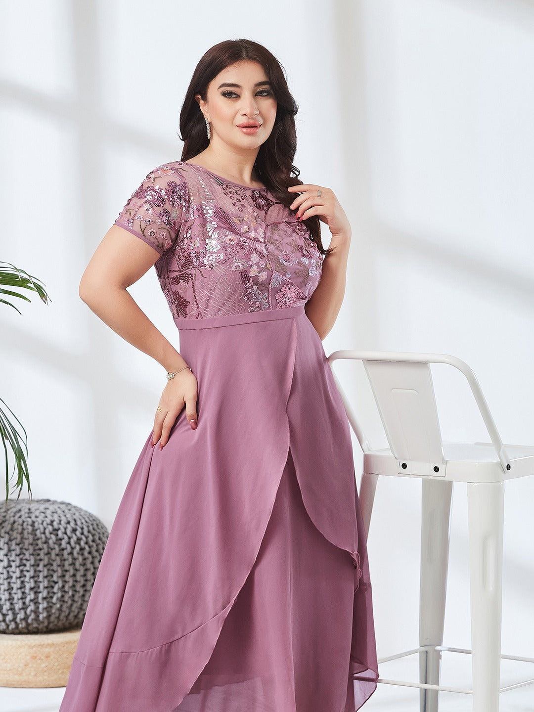 Dusty Lavender Round Neck Short Sleeve Floral Layered Georgette Midi Dress for Women