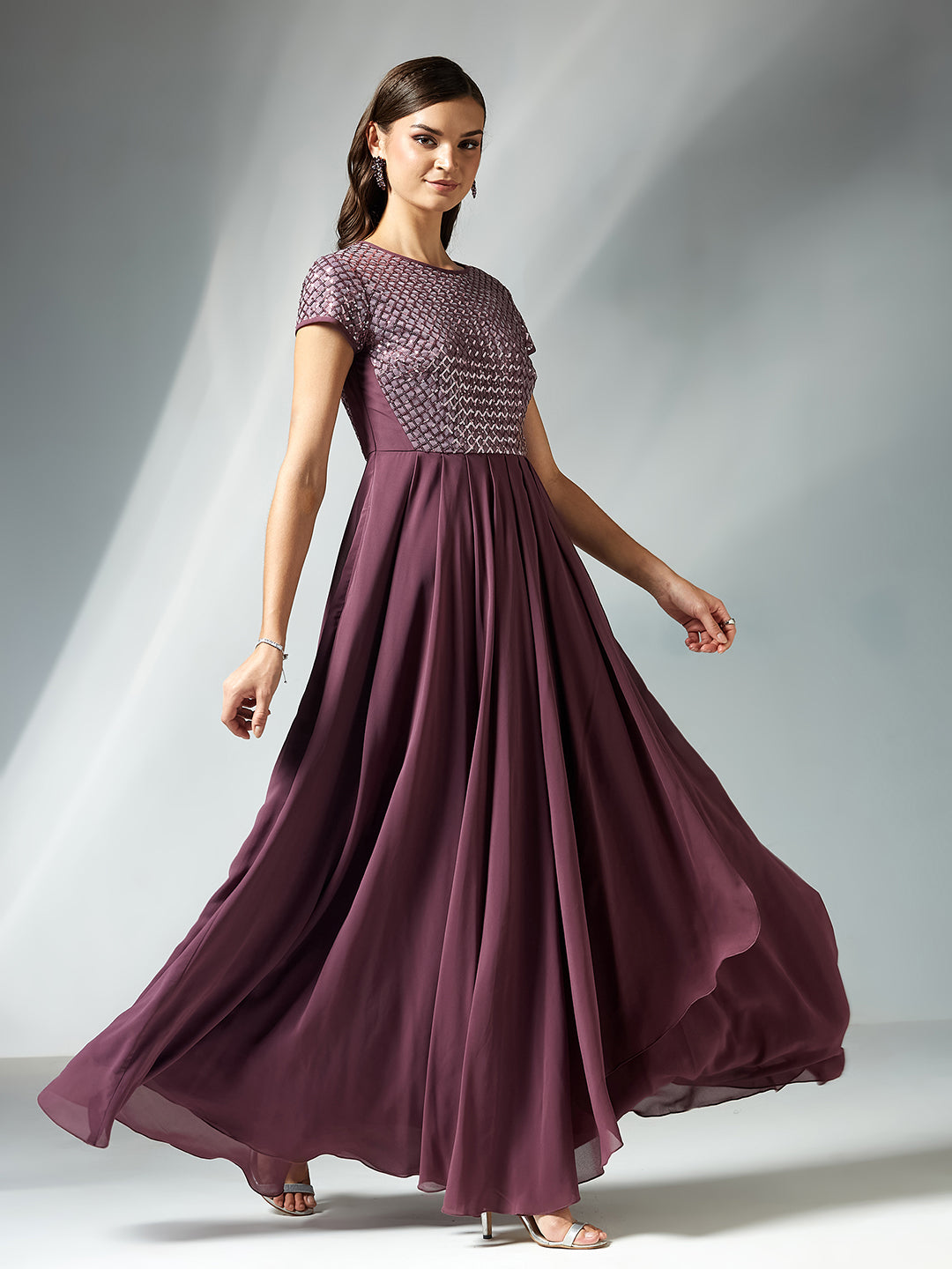 Mauve Round Neck Cap Sleeve Embellished Fit & Flare Maxi Crepe Dress for Women