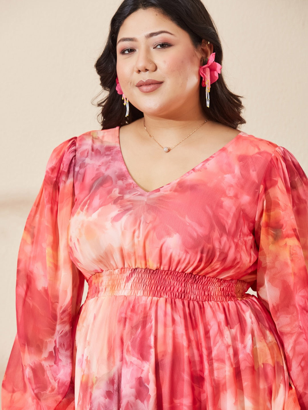 Flame Orange & Pink Floral V-Neck Bishop Sleeve Smocked Chiffon Maxi Dress for Women