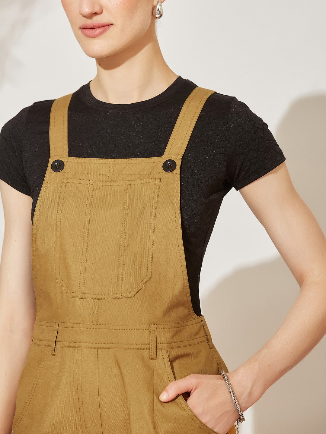 Beige Square Neck Sleeveless Solid Dugaree Mini Cotton Dungaree for Women