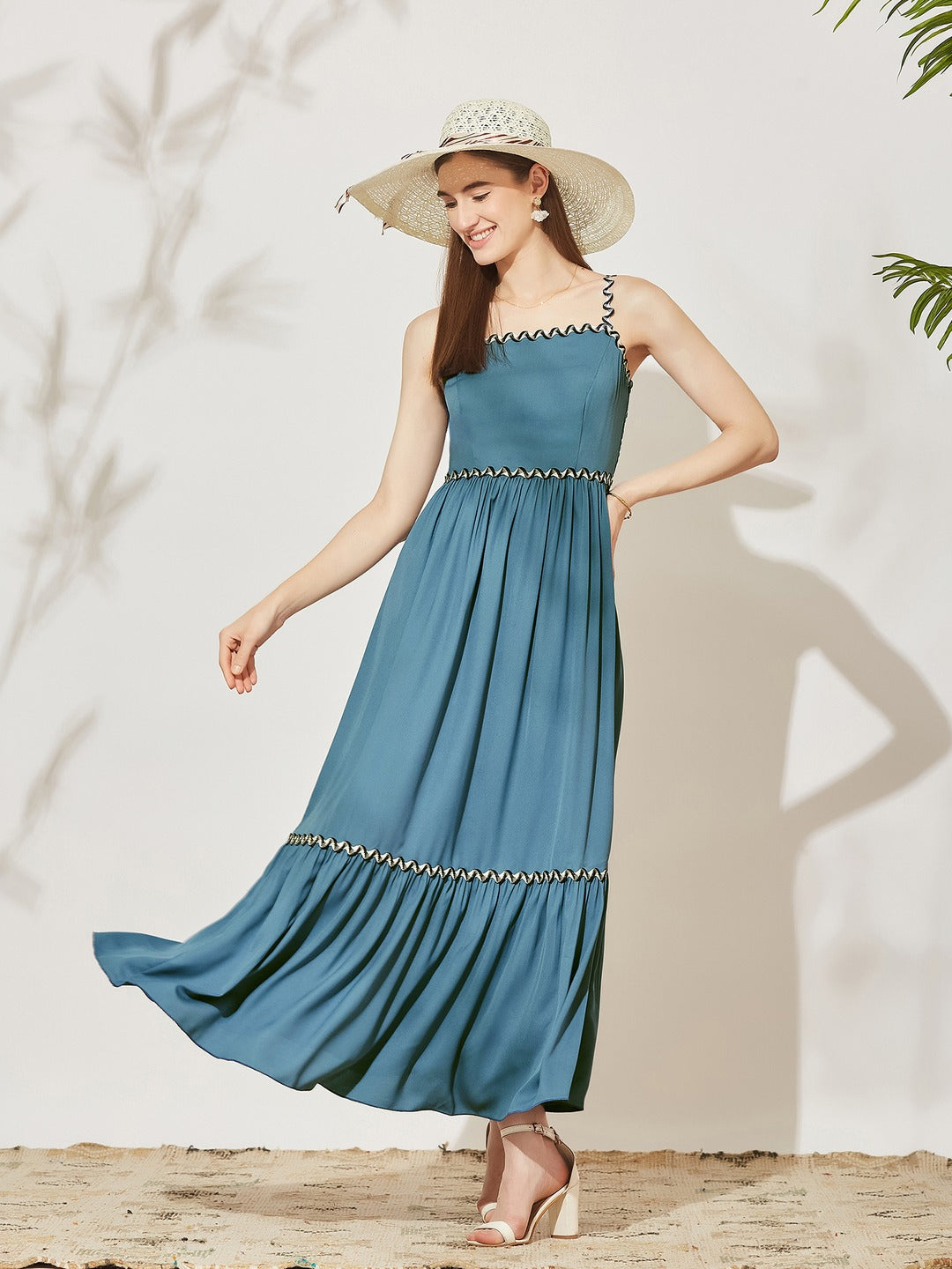 Azure Blue Square Neck Sleeveless Solid Tiered Maxi Crepe Dress for Women