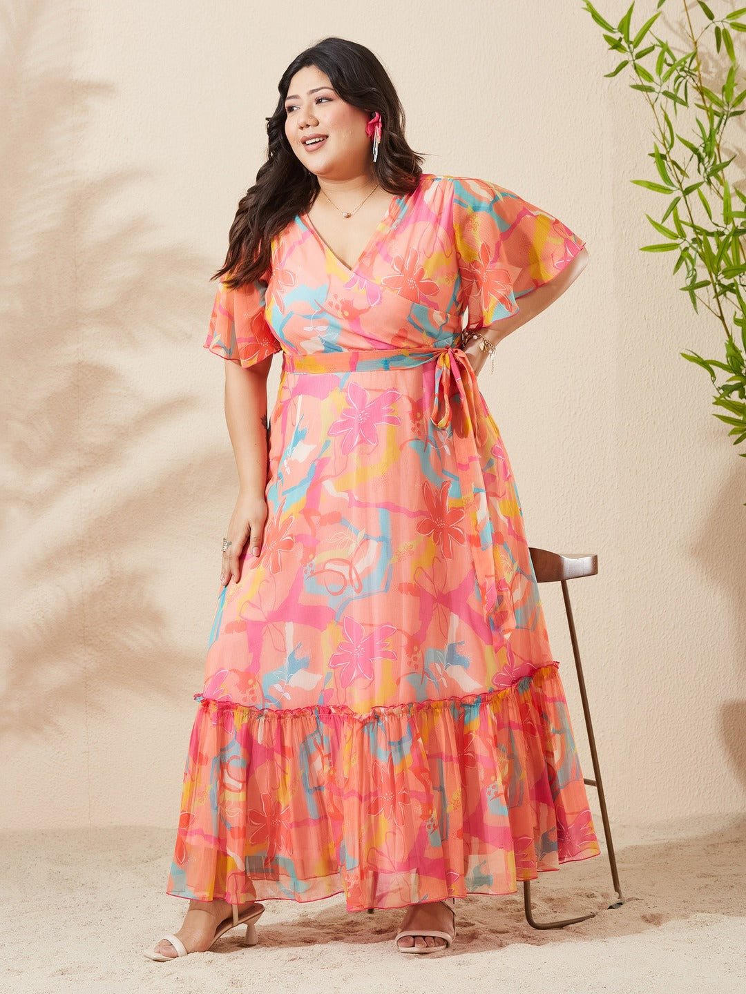 Light Orange Floral V-Neck Flared Sleeve Wrap Chiffon Maxi Dress for Women