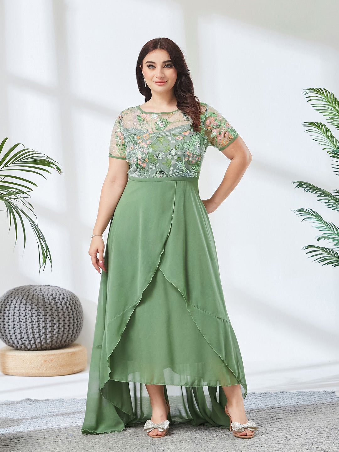 Light Green Embellished Layered Georgette Midi Dress for Women