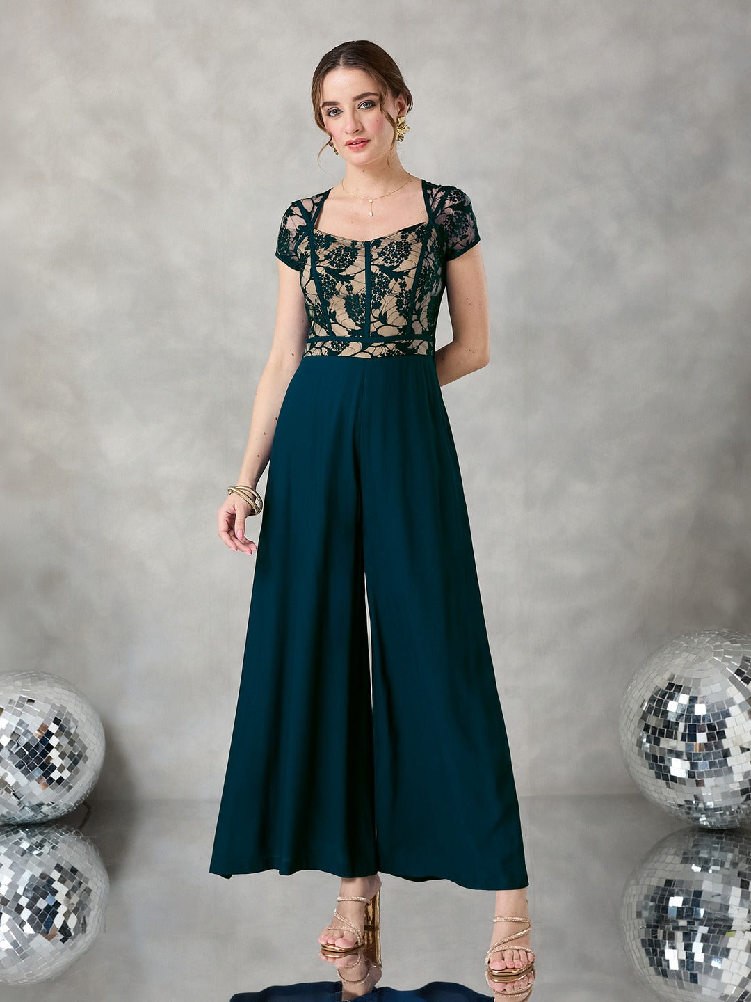Teal Sweetheart Raglan Sleeve Self-Design Lace Overlaid Regular Fit Viscose Rayon Jumpsuit for Women