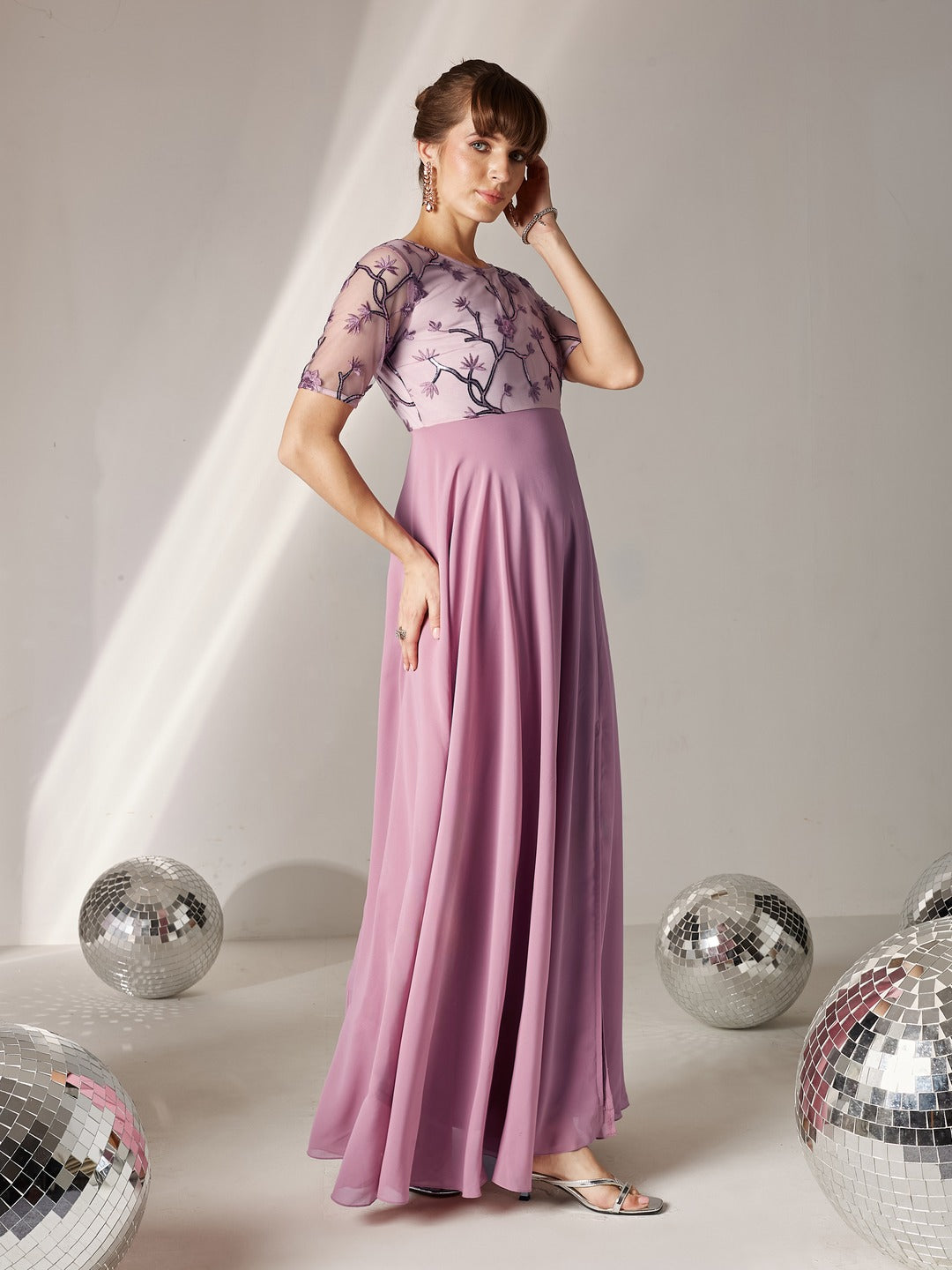 Dusty Lavender Round Neck Half Sleeve Solid Embellished Maxi Dress for Women