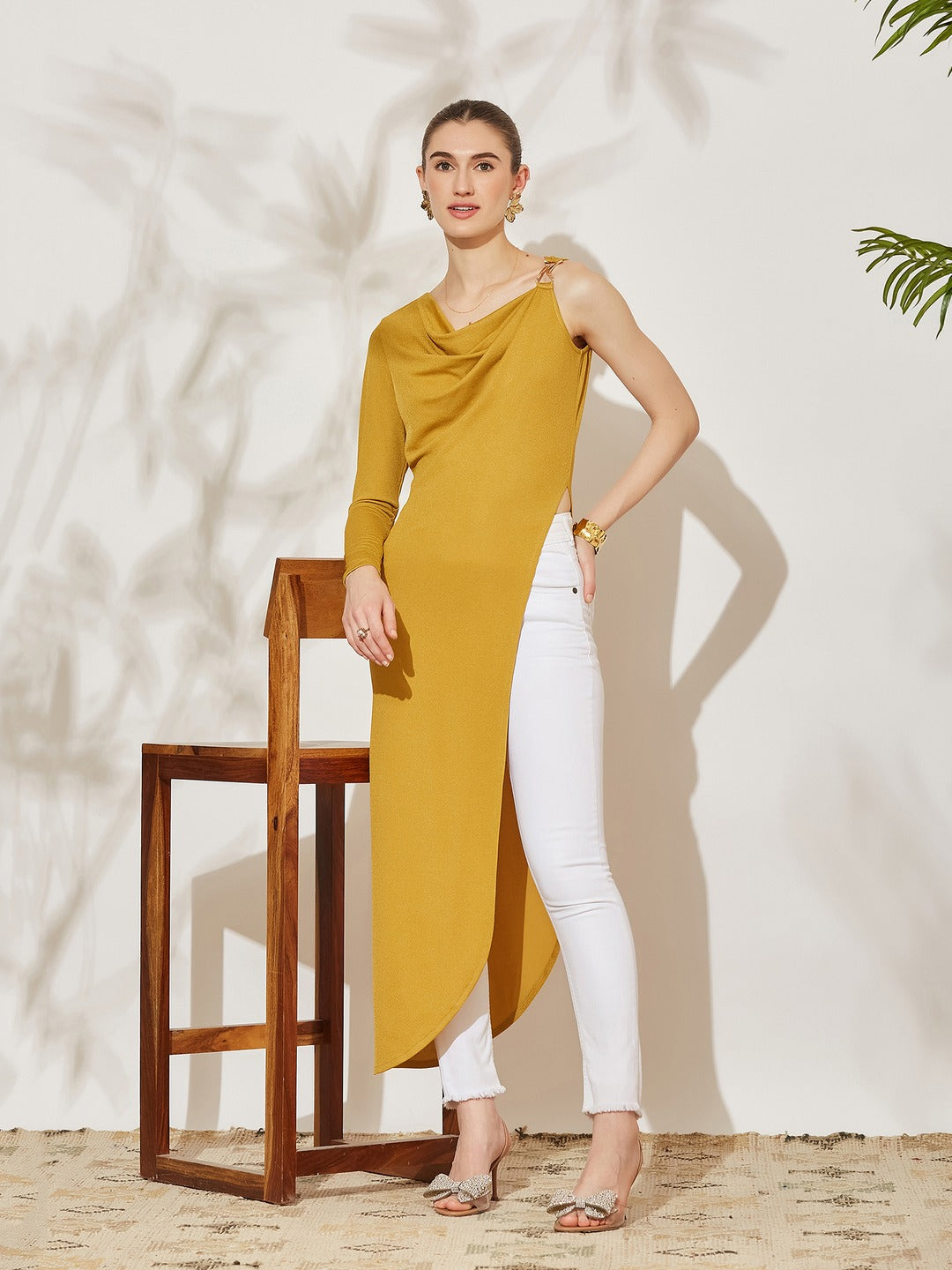 Golden Asymmetric Cowl Full Sleeve Solid Asymmetric Maxi Polyester Top for Women