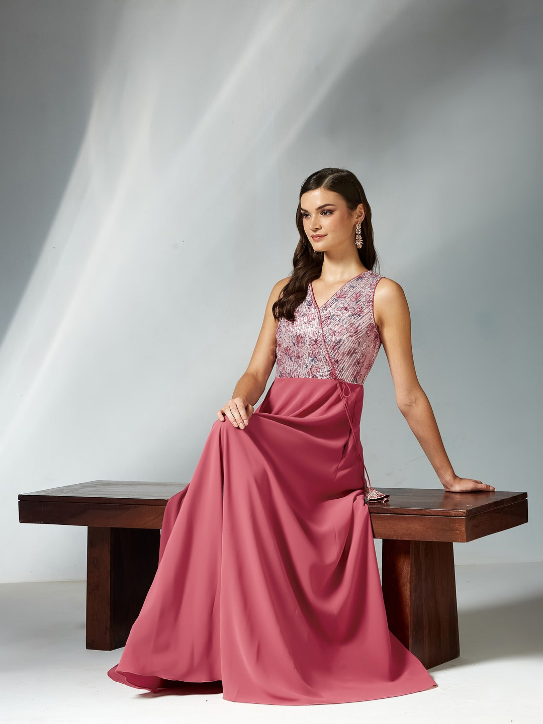 Pink V-Neck Sleeveless Floral Embellished Fit & Flare Maxi Georgette Dress for Women