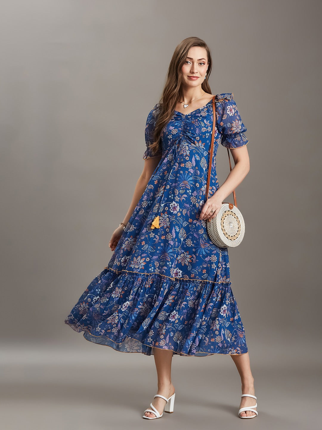 Cobalt Blue Sweetheart Neck Puff Sleeve Floral Ruching/Tiered Ankle-Length Georgette Dress for Women