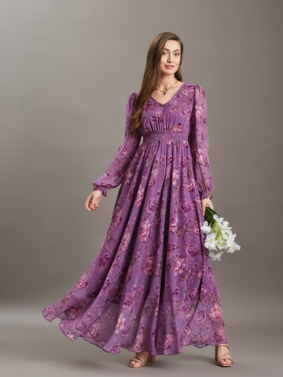 Multicolored Lavender Floral V-Neck Bishop Sleeve Smocked Chiffon Maxi Dress for Women