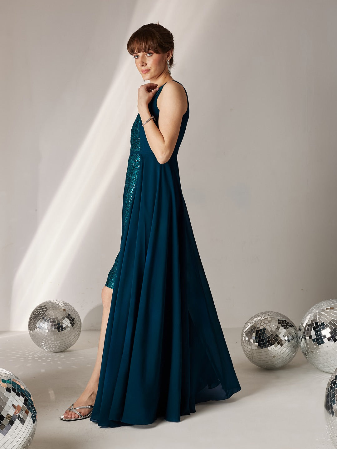 Teal V-Neck Sleeveless Embellished Layered Georgette Maxi Dress for Women
