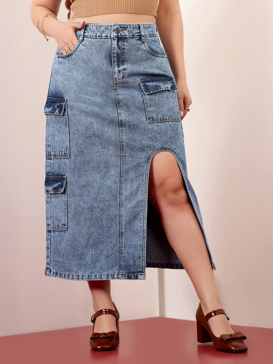 Blue Straight-Fit High-Rise Non-stretchable Denim Midi Skirt for Women