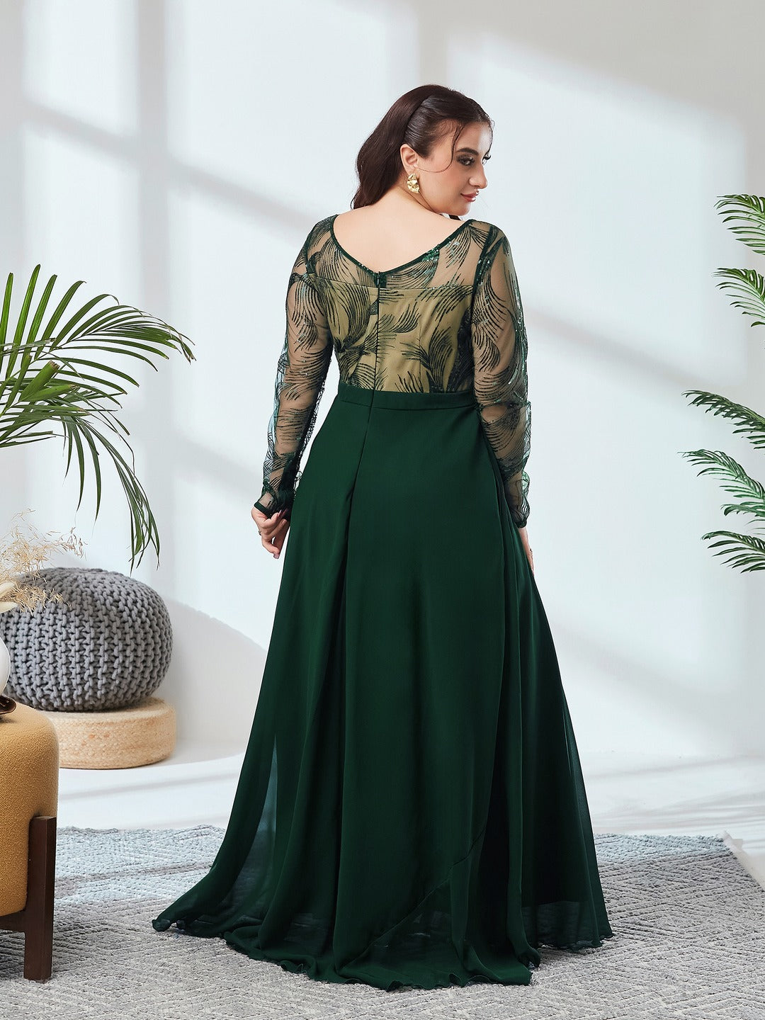 Green & Beige Solid Embellished Maxi Dress for Women