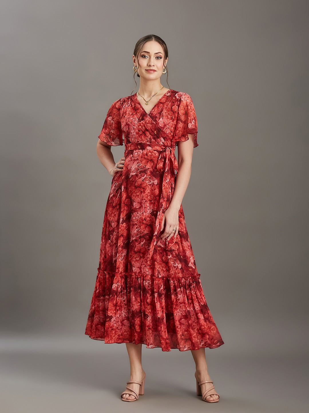 Red V-Neck Half Sleeve Floral Wrap Maxi Chiffon Dress for Women