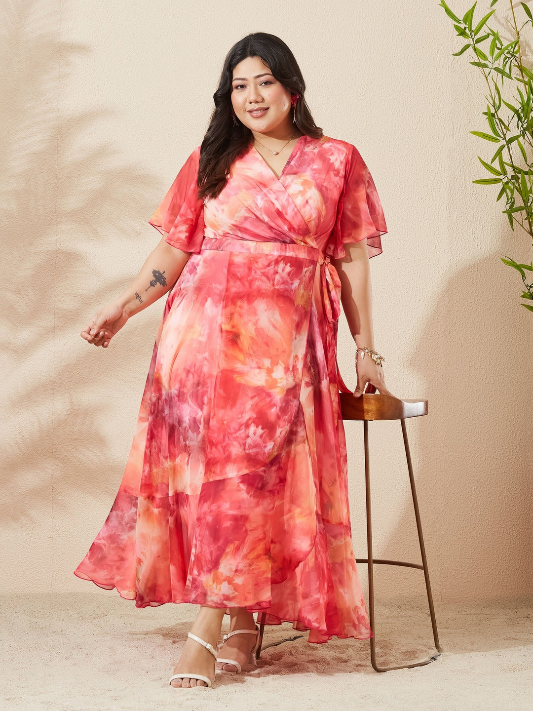 Flame Orange And Pink V-Neck Flared Abstract Overlap/Tie-Up Maxi Chiffon Dress for Women