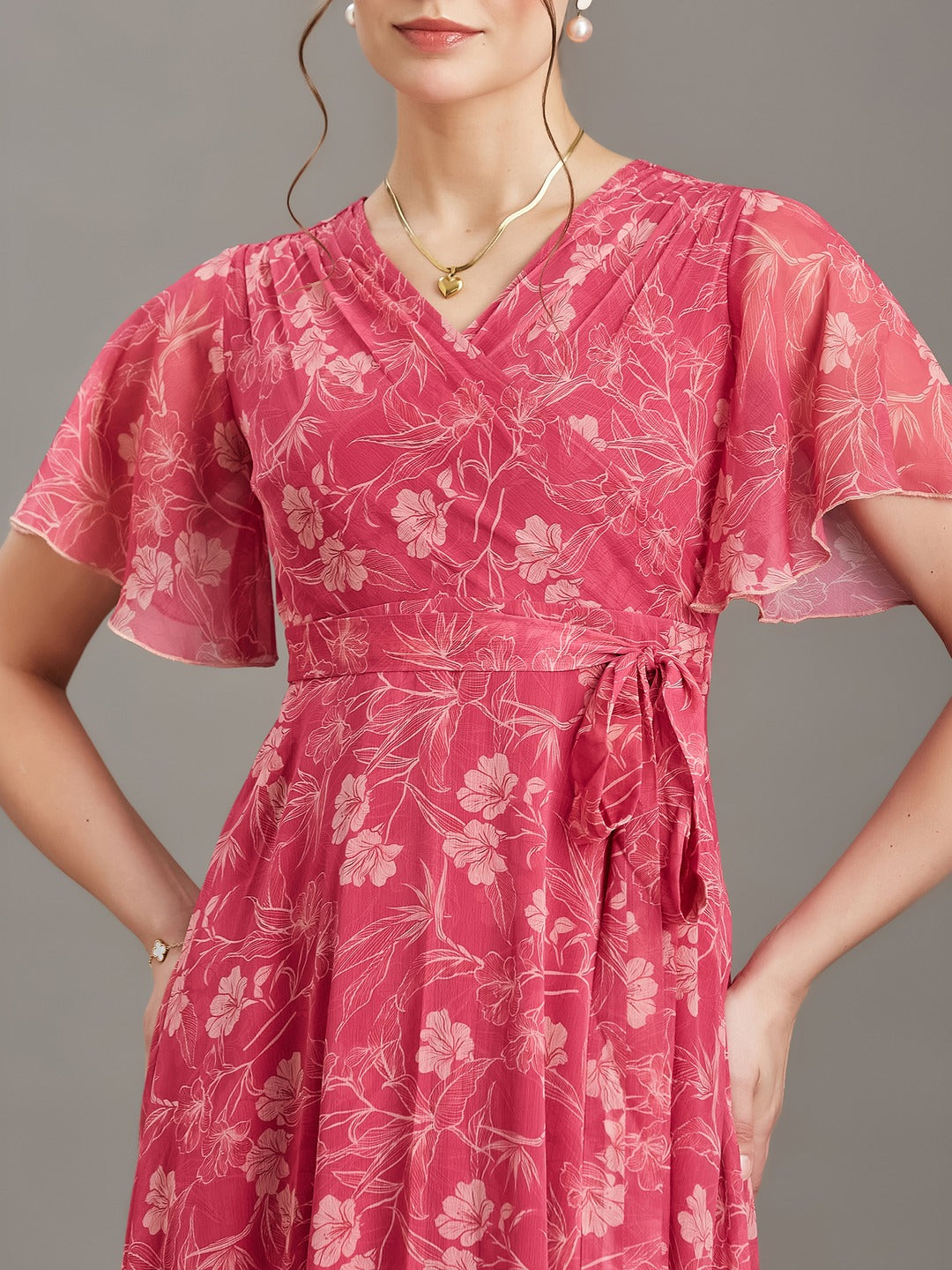 Pink Floral V-Neck Flared Sleeve Wrap Maxi Chiffon Dress for Women